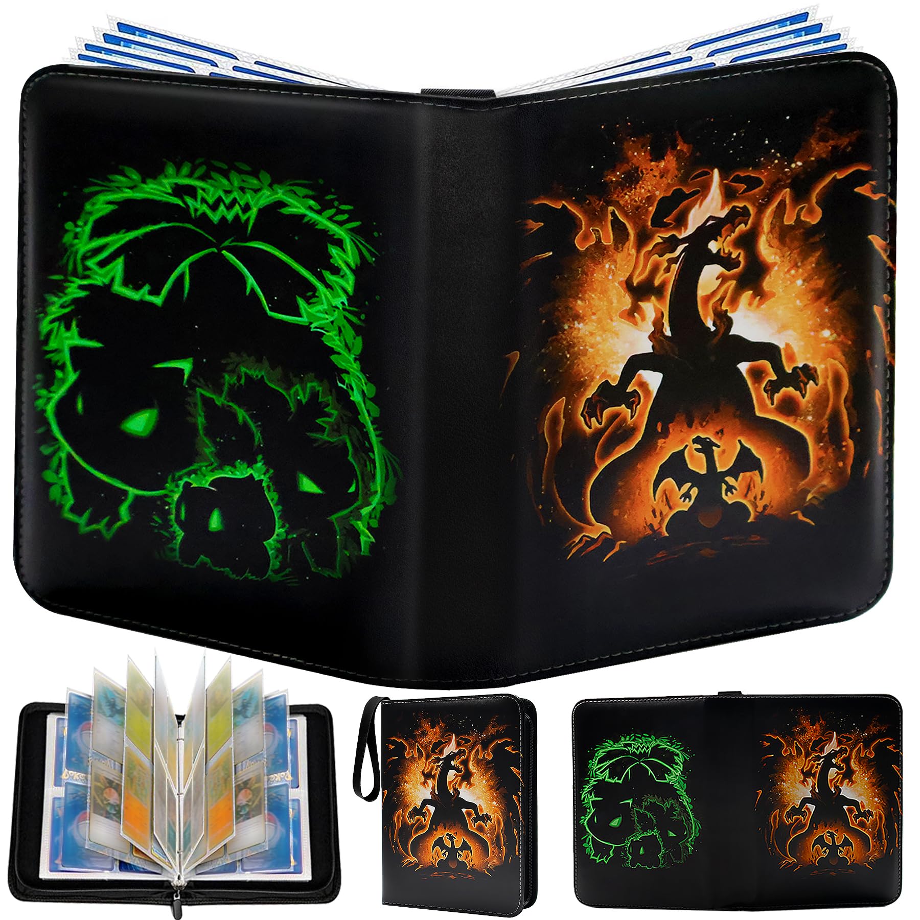 Photo 1 of Trading Card Binder Fit 440 Cards Pokemon Card Binder 4 Pocket with 55 Double Sides Removable Sleeves Pokemon Binder for Game Cards 440 Pockets Black