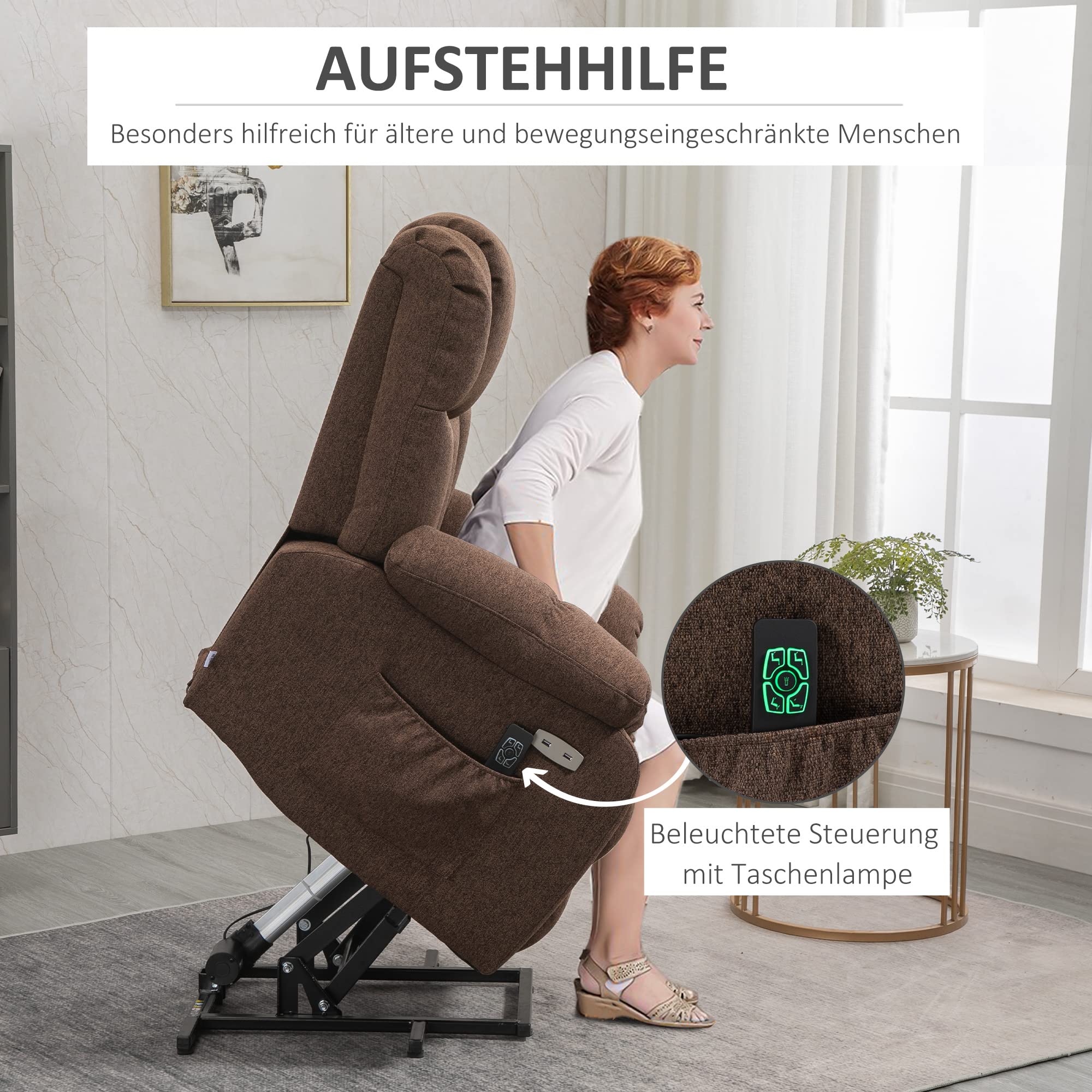 HOMCOM Fernsehsessel mit Aufstehhilfe Elektrisch Verstellbar, Relaxsessel mit Liegefunktion, TV-Sessel mit Fernbedienung, 2 Seitentaschen und Fußteil, USB-Anschluss Braun