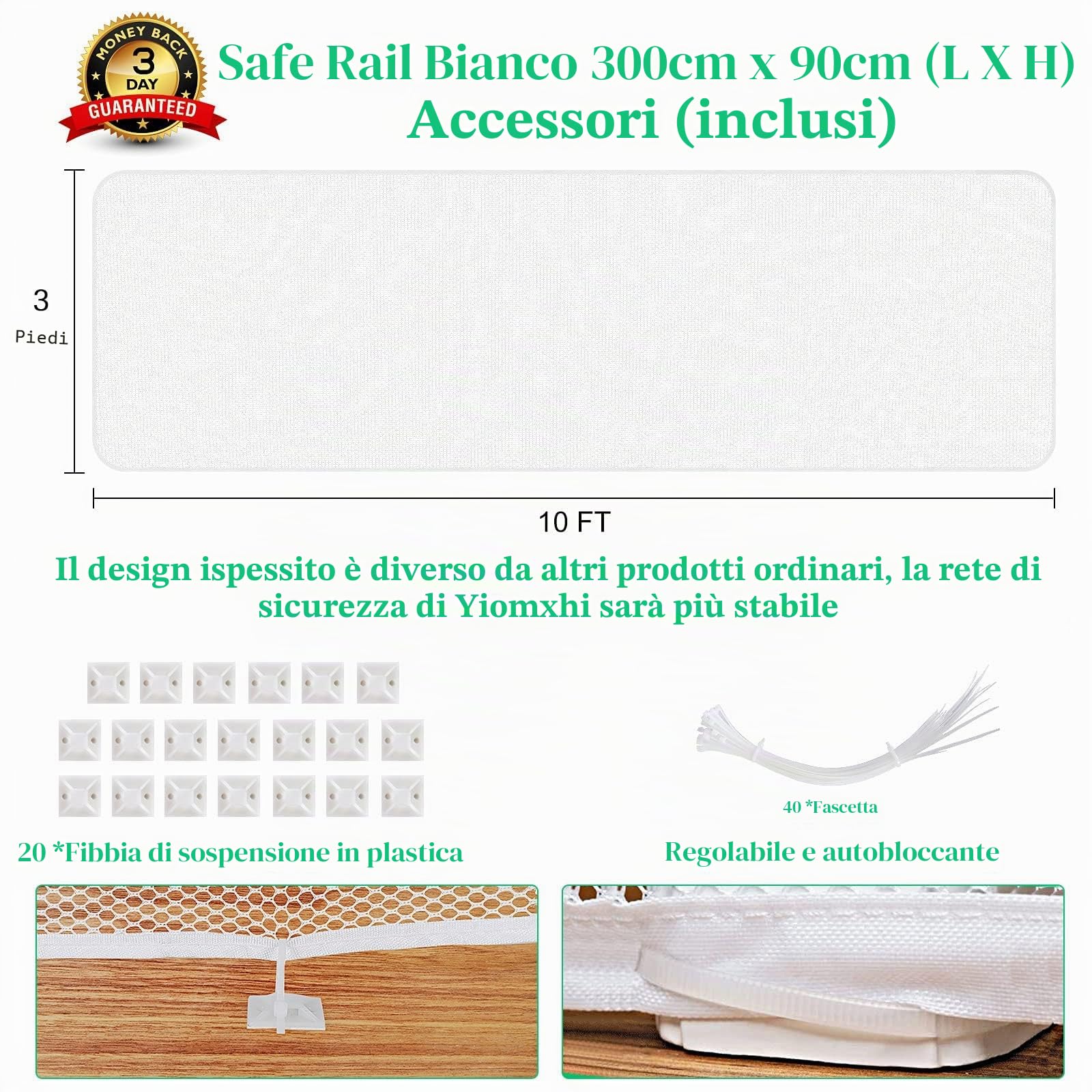 Rete di sicurezza per bambini, rete di protezione per balcone e scala, 300 x 90 cm, robusta, regolabile, recinto per scale, barriera di sicurezza in rete per gatti e giocattoli, bianco
