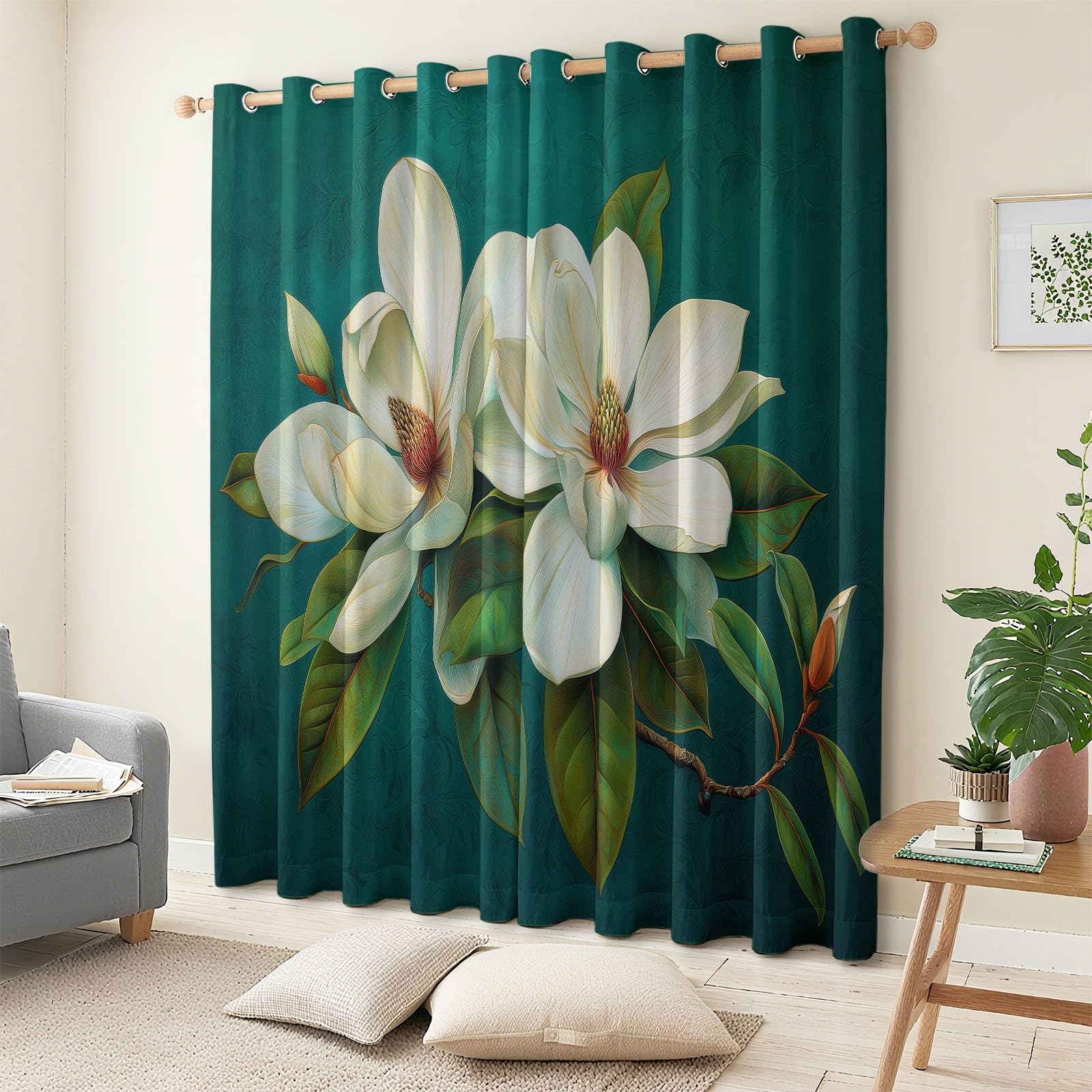 Izolowane termicznie zasłony zaciemniające do domu na zimno i ciepło 100% zaciemnienie kwiaty magnolii malowane olejnie są eleganckie, akustyczne z oczkami do salonu sypialni 2 sztuki, zielone, 117 x