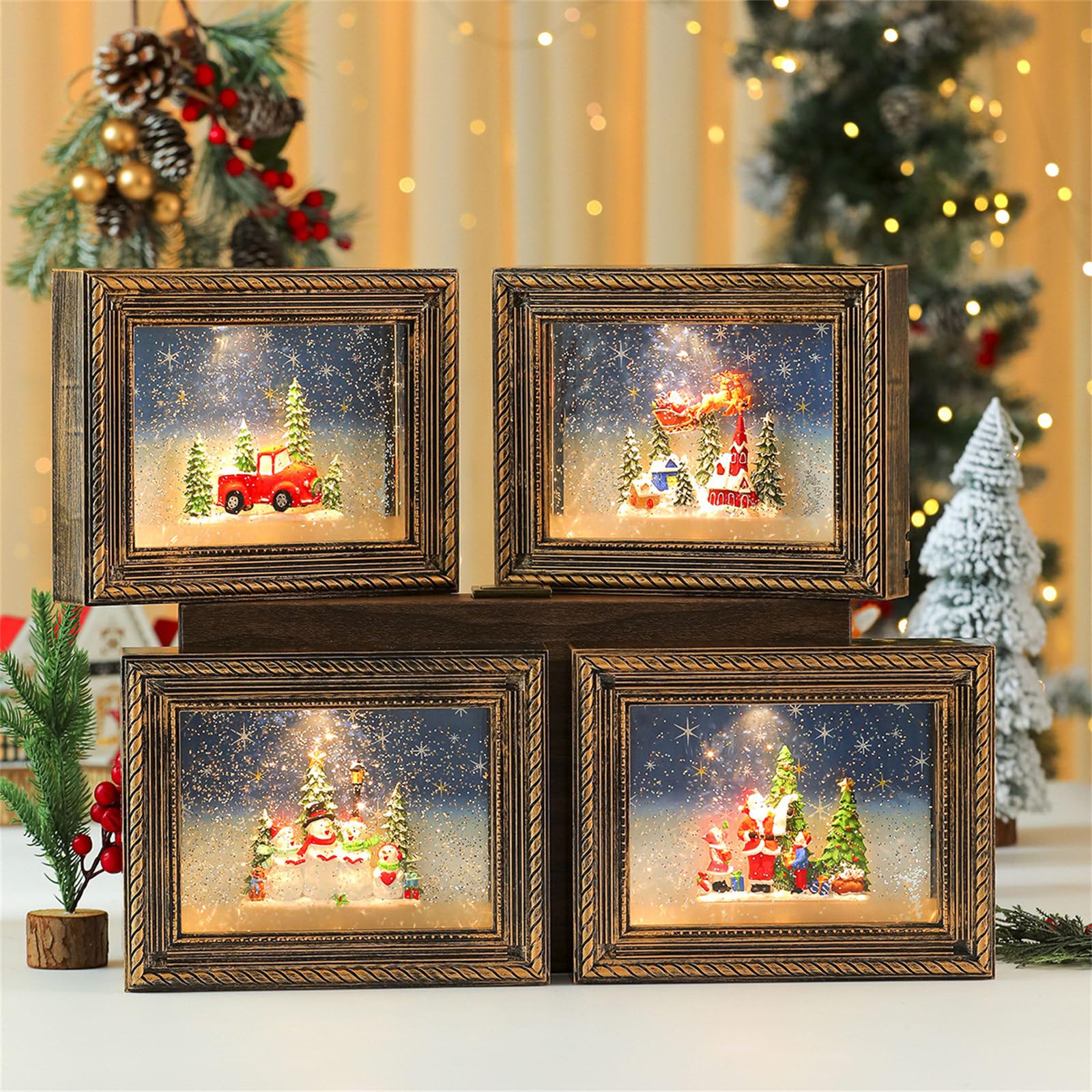 Caja giratoria iluminada para adornos navideños con visualización de imágenes personalizable y marco de fotos musical de Navidad con efecto suave de nevadas