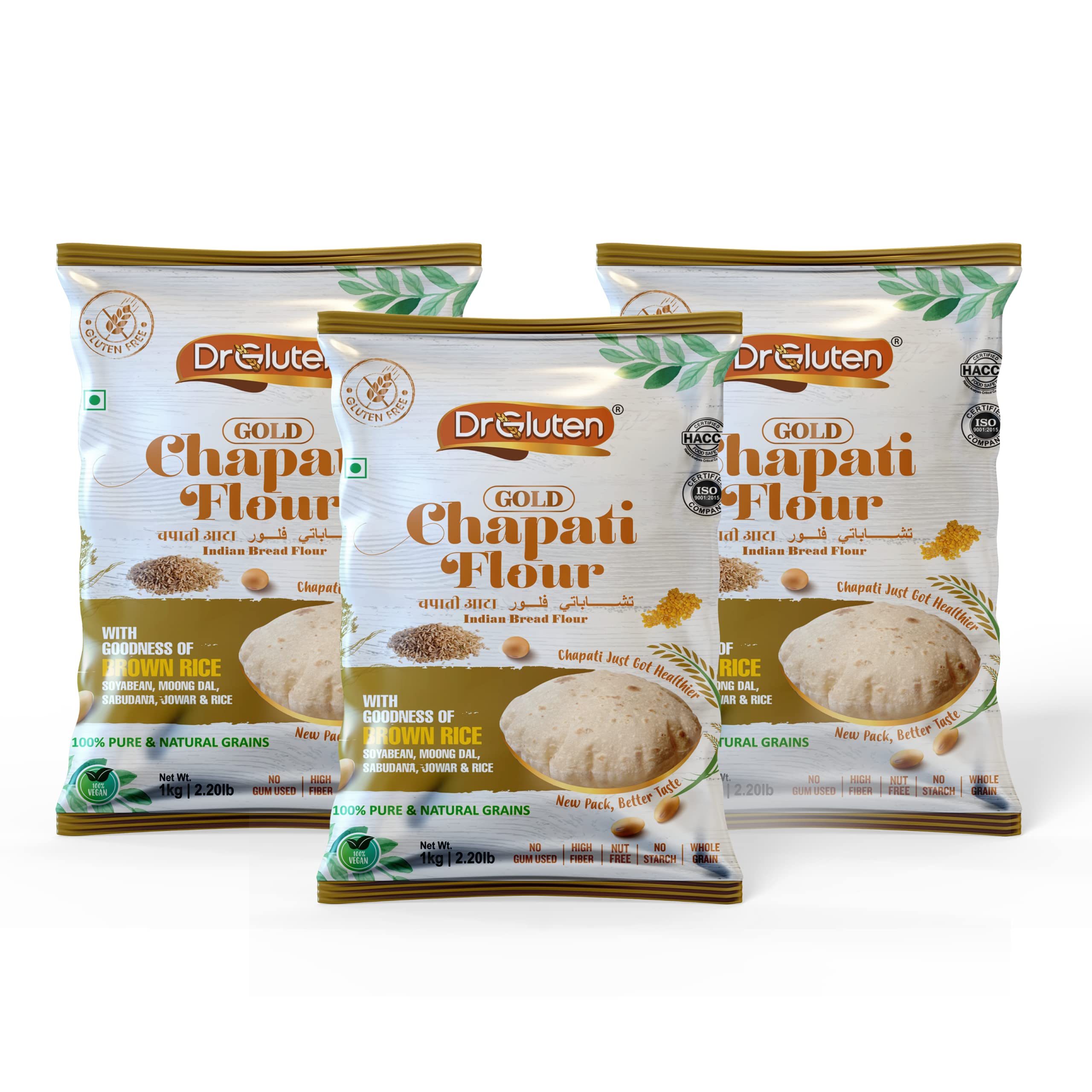Dr. Gluten Multigrain Gold Chapati Flour with Millets & Brown Rice Pack of-3(1kg Each) | Gluten Free & Wheat Free Atta | Rich in Fibre,Nutrients & Antioxidant | Versatile for Healthier Baking,Cooking