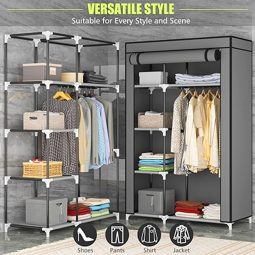 Miniatura 3 de JEROAL - Clóset portátil con estantes de metal y cubierta de tela no tejida a prueba de polvo organizador para almacenamiento de ropa