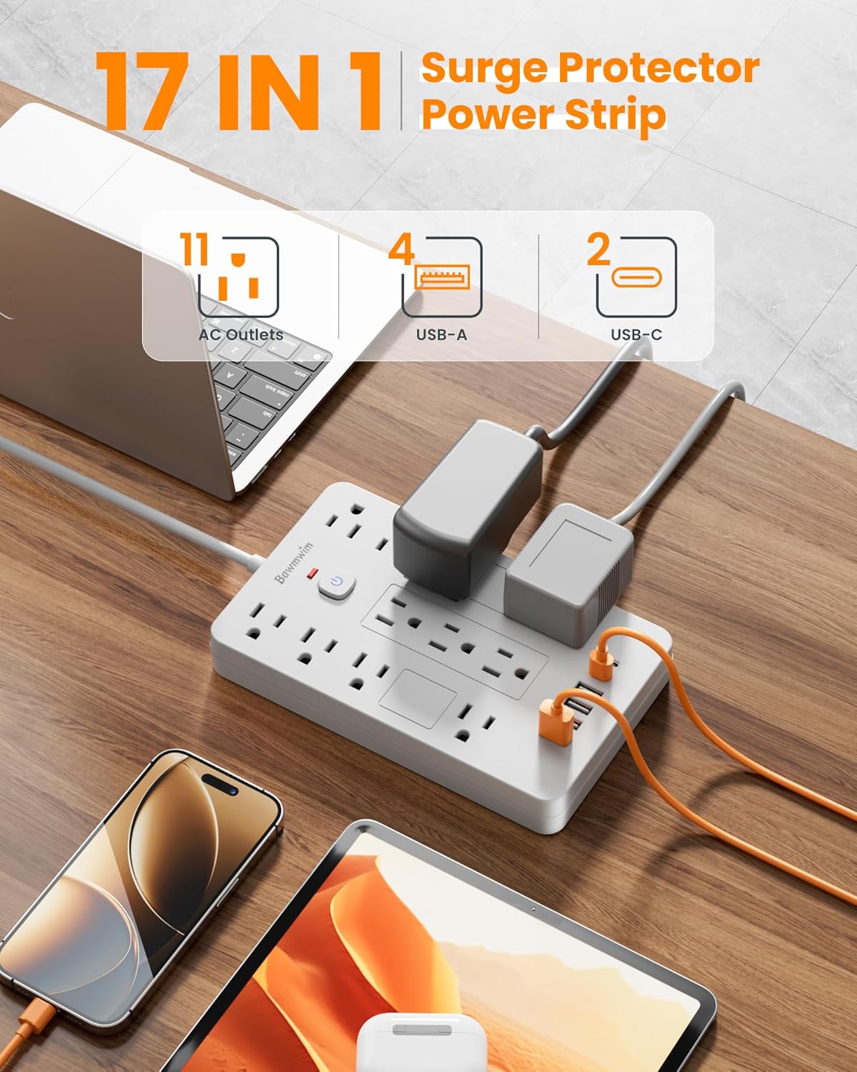 Surge Protector Power Strip - 11 Outlets(1850W/15A) with 6 USB Ports(2 USB C), 6FT Flat Plug Extension Cord, Wall Mount, White,Listed for Home, Dorm Room