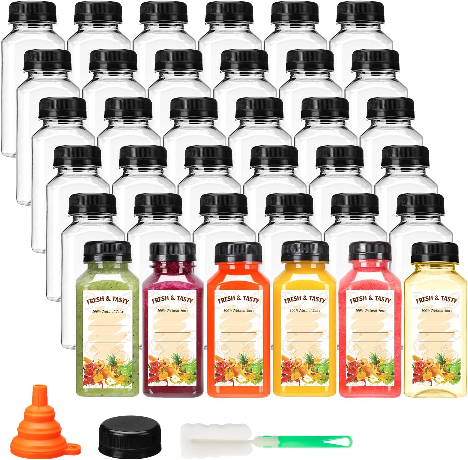 36pcs 8oz Empty Plastic Juice Bottles with Lids, Reusable Clear Containers with Black Tamper Evident Caps for Juice, Milk and Other Beverages