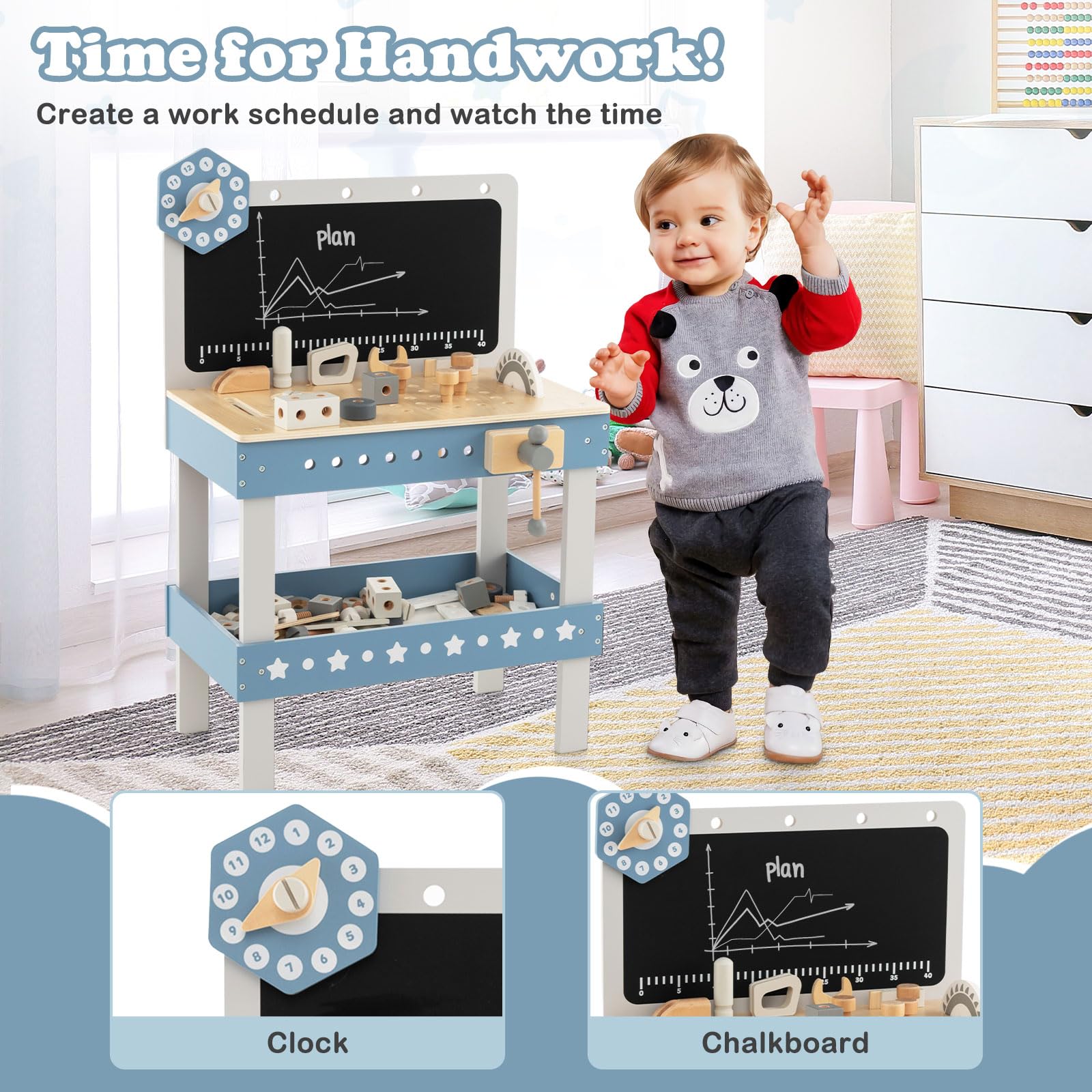 DREAMADE Werkbank Kinder, Werkzeugbank für Kinder aus Holz mit 61 Zubehör, Werkzeug Spielzeug Set mit Tafel & Uhr & Werkzeughalter, Werkbank für Kinder ab 3 Jahren (Blau)