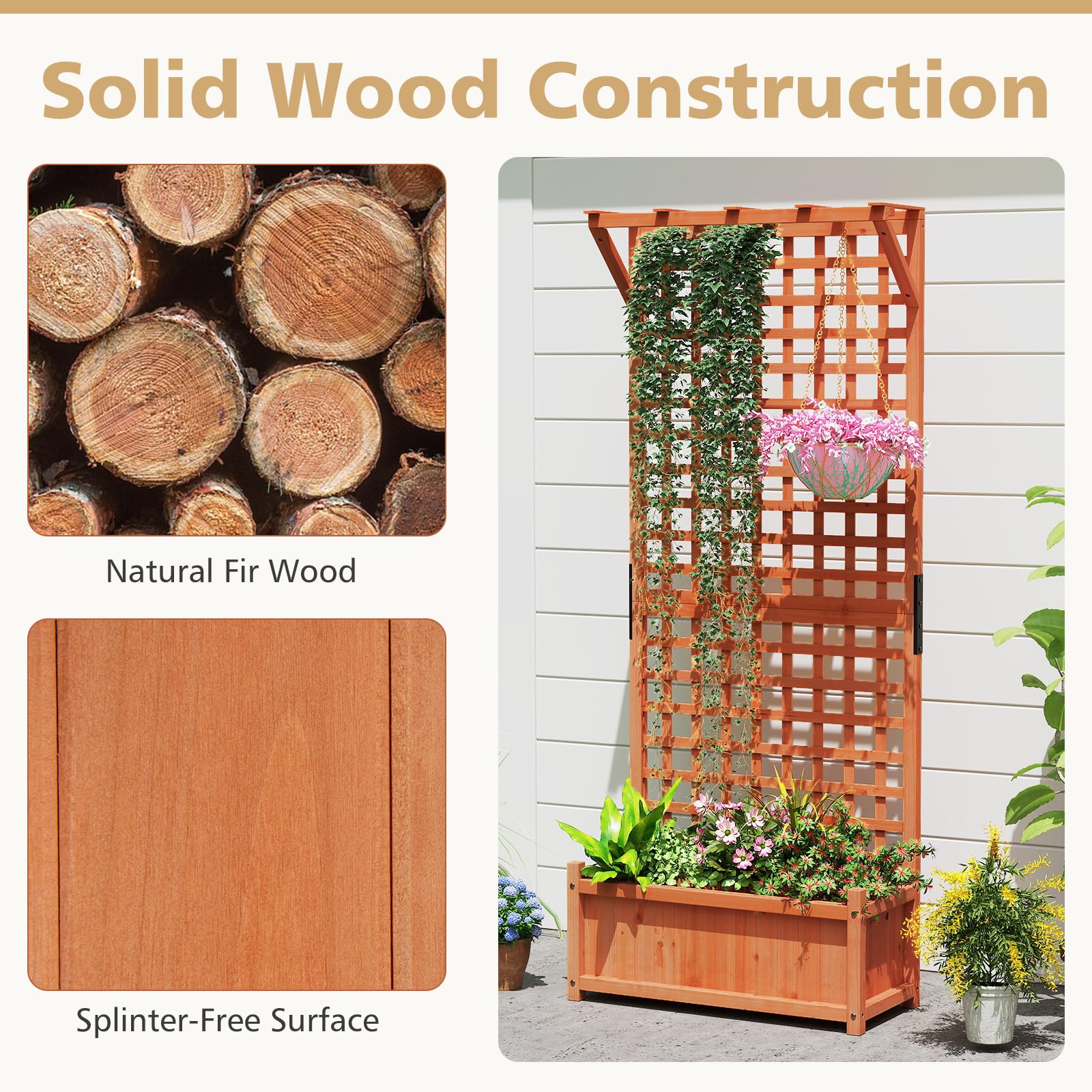 GOPLUS Jardinière avec Treillis 183cm en Bois de Sapin, Trou de Drainage pour Plantes Grimpantes, Fleurs, Bac à Fleurs avec Treillis pour Cour, Jardin, Balcon, 75x33x183cm
