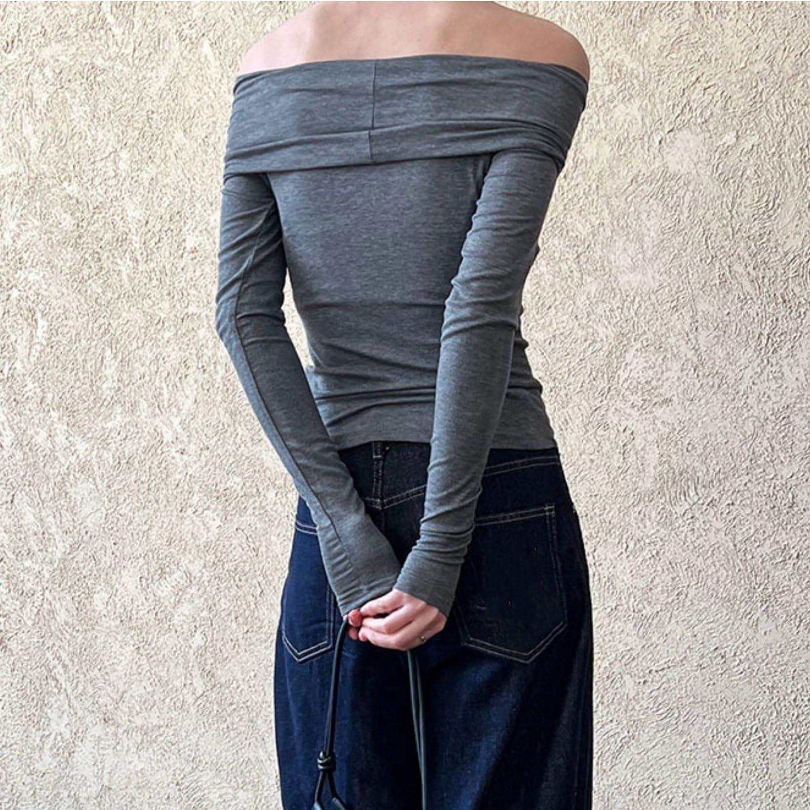 Damskie Seksowne Koszule Z DłUgim RęKawem Z Odkrytymi Ramionami Eleganckie Bluzki Slim Fit Stretch Going Out Tops,Gray,L
