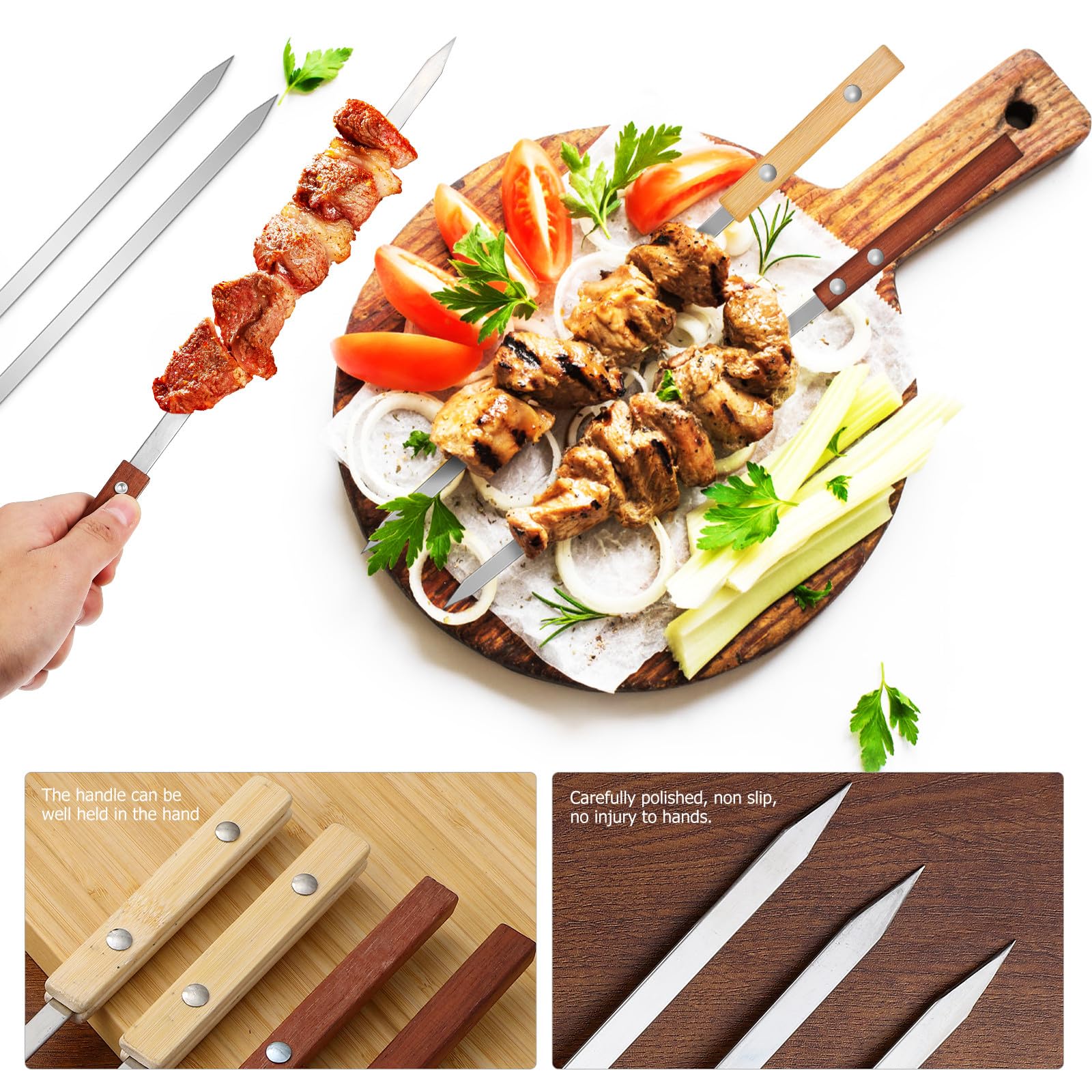 Abaodam 12 Spiedini per Barbecue in Acciaio Inox con Manico in Legno Rosso e Bamboo, Bastoncini per Griglia Portatile 40cm, Accessori per Grigliate All’aperto per Campeggio e