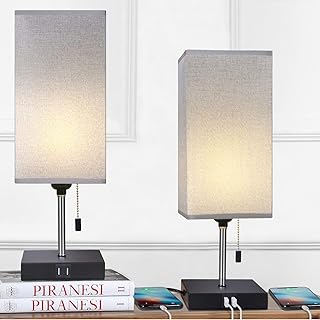 USB Nightstand Lamps Set of 2, Table Lamp with Charging Ports, Modern Bedside Lamps Pull Chain Square Desk Lamp with Grey Shade for Bedroom Living Study Room Office and Bathroom