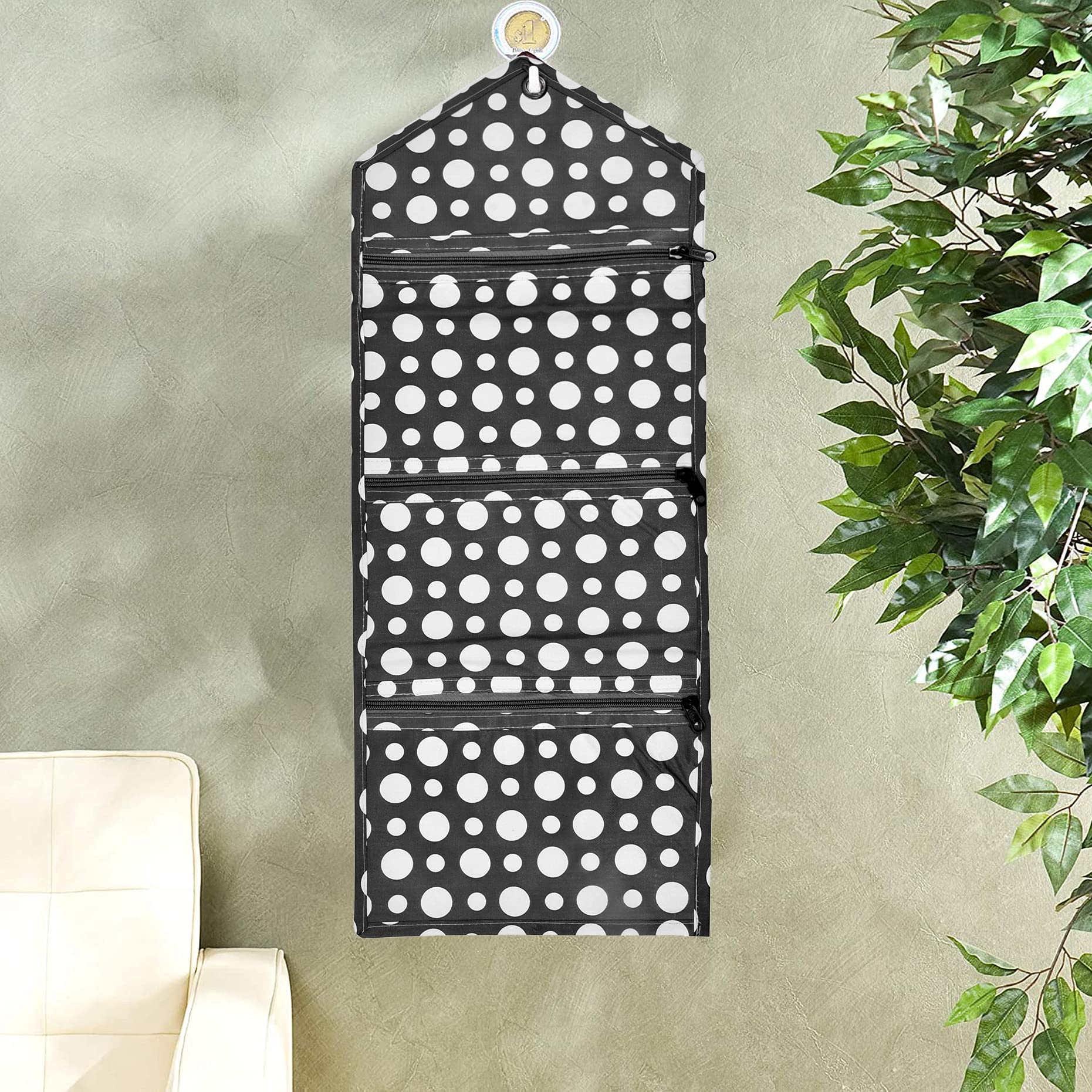 Kuber Industries Dot Printed Wall Hanging Magazine Letter Holder/Organizer With 3 Zipper Pockets (Black & White)- Polyvinyl Chloride | Stylish and Functional Wall-Mounted Storage Solution