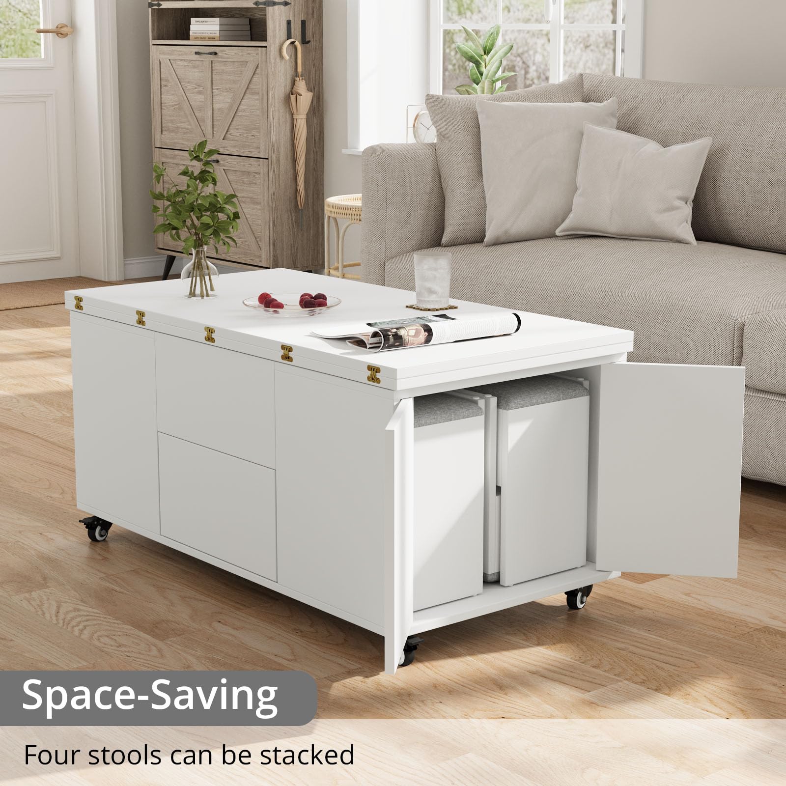 VOWNER Mesa de Centro Elevable Extensible (Blanco) | Multifuncional 3 en 1 con Cajón & 4 Taburetes para Comedor