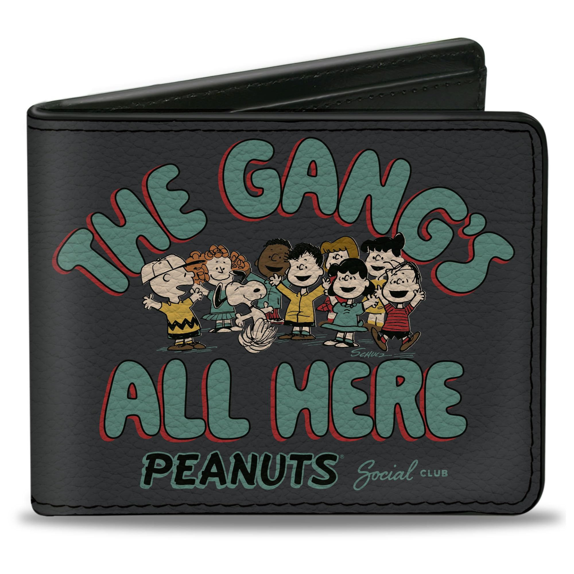 Peanuts Wallet, Bifold, Peanuts Gang the Gangs All Here Group Pose Black Blue, Vegan Leather
