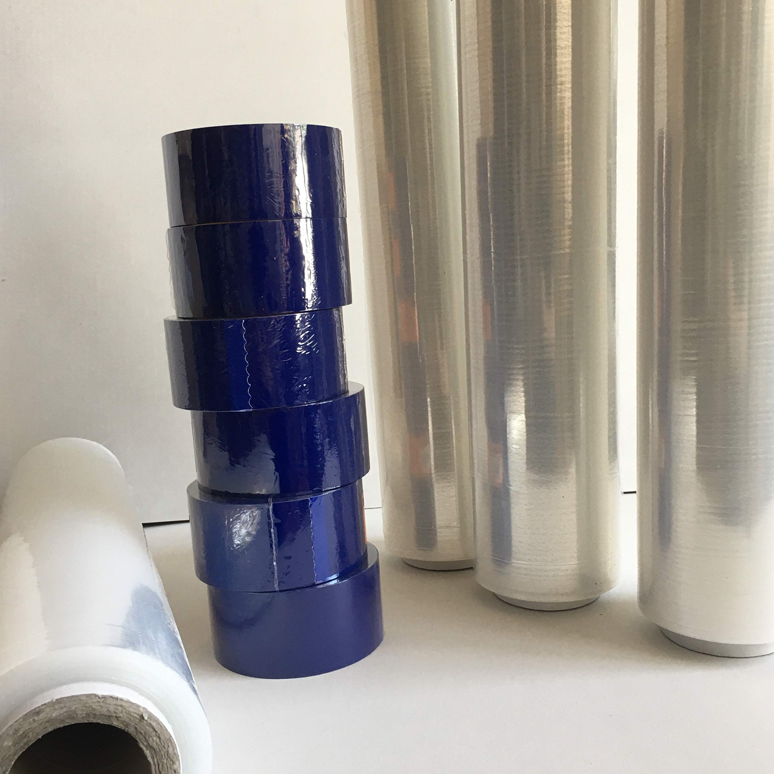 6 BOBINE Pellicola Film in Polietilene per Imballo Imballaggi H 50 cm in Rotolo da 400 mtl spessore 23 micron peso 2,4 kg + 6 ROTOLI NASTRO ADESIVO 50x66 BLU PPL SILENZIOSO