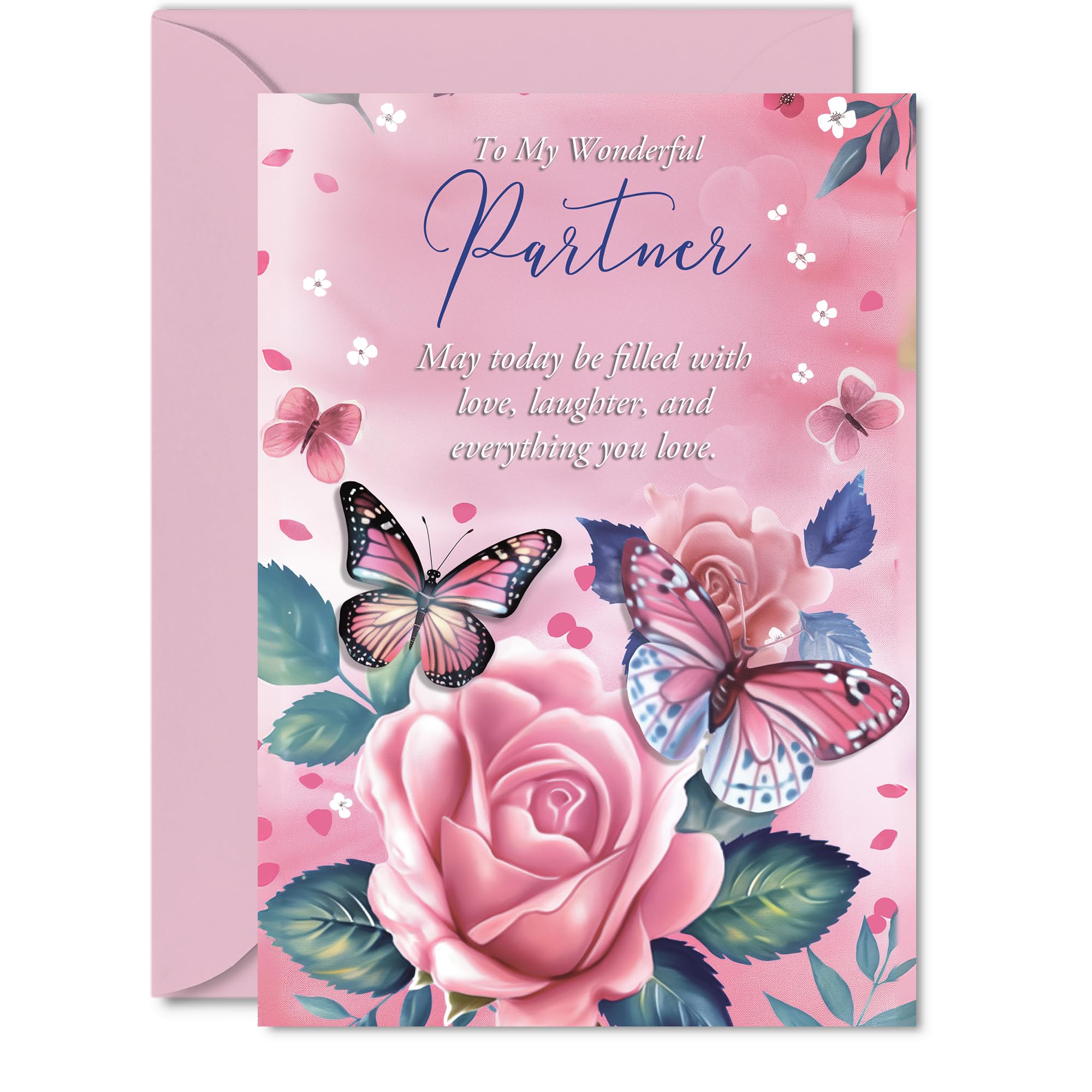 Partner Birthday Card, Pink Rose Butterfly