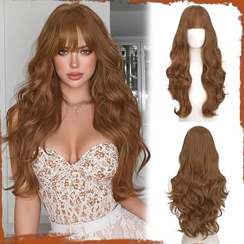 Sofeiyan Wavy Long Wig, 60 cm Caramel Brown Heat-Resistant Wigs with Bangs, Synthetic Natural Hair for Women, Suitable for Everyday Parties, Festive Cosplay