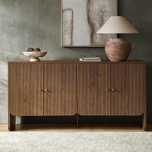 HULALA HOME 63" Wide Fluted Sideboard Buffet Cabinet Solid Wood, Modern Storage with 4 Adjustable Shelves & Doors, Multifunctional Credenza for Dining Room,Living Room,Entryway,Walnut