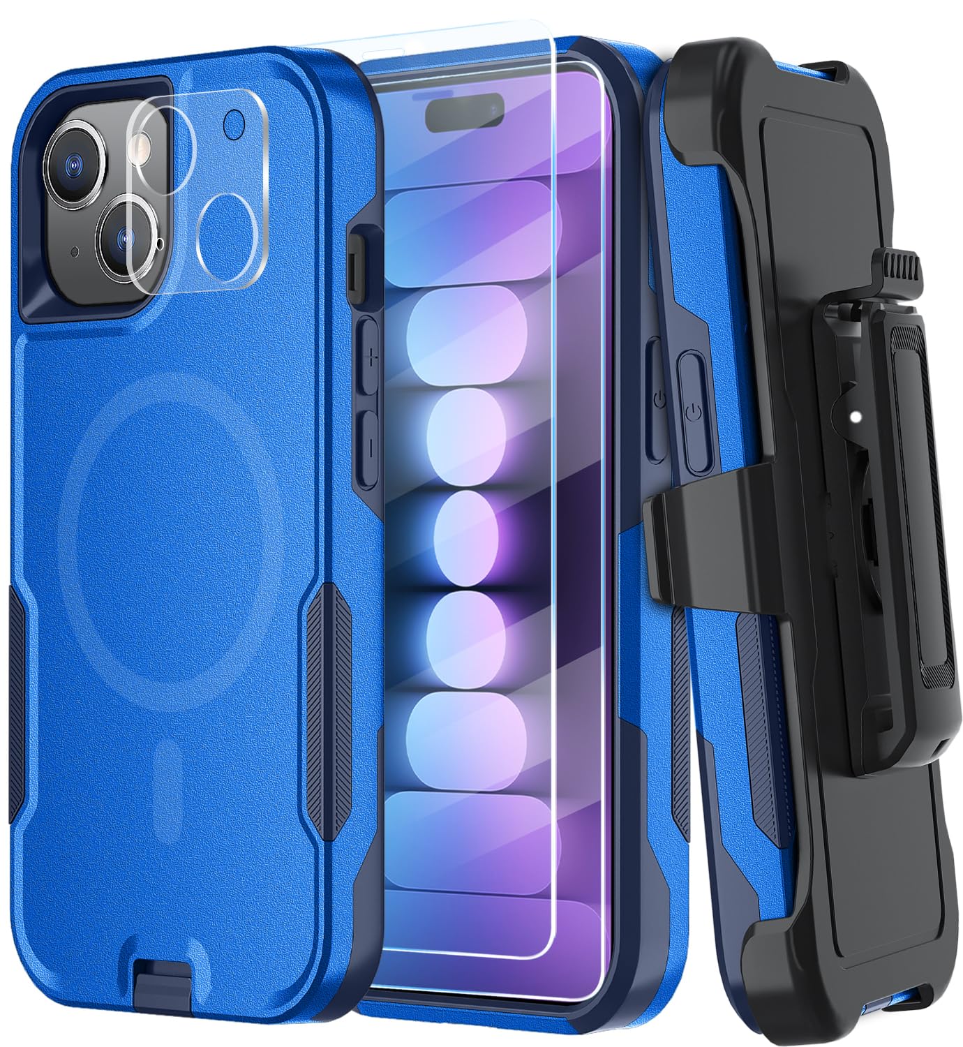 CONWOEStronger Magnetic Case for iphone 15 case,10FT Military Grade Drop Protection,[2X Glass Screen Protector+1X Lens Protective][Belt-Clip],Slim Heavy Duty Shockproof Phone Case (DarkBlue)