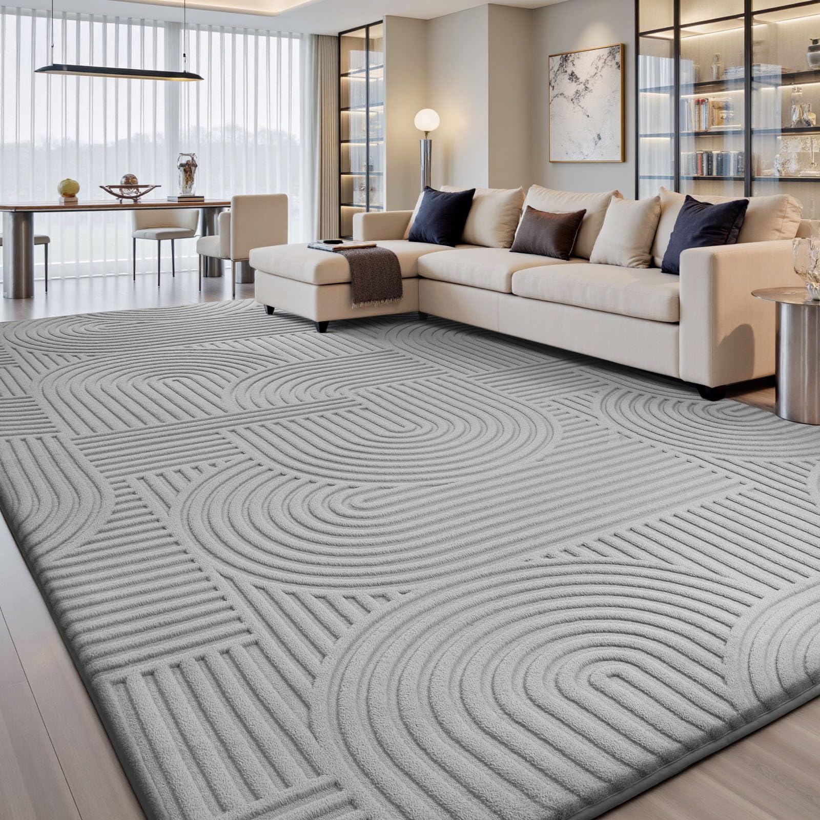 Sour Lemon Tapis de salon 200 x 300 cm, Tapis 3D gris clair avec design circulaire, Tapis peluche courte lavable, Tapis antidérapant pour chambre, salle à manger, cuisine et bureau