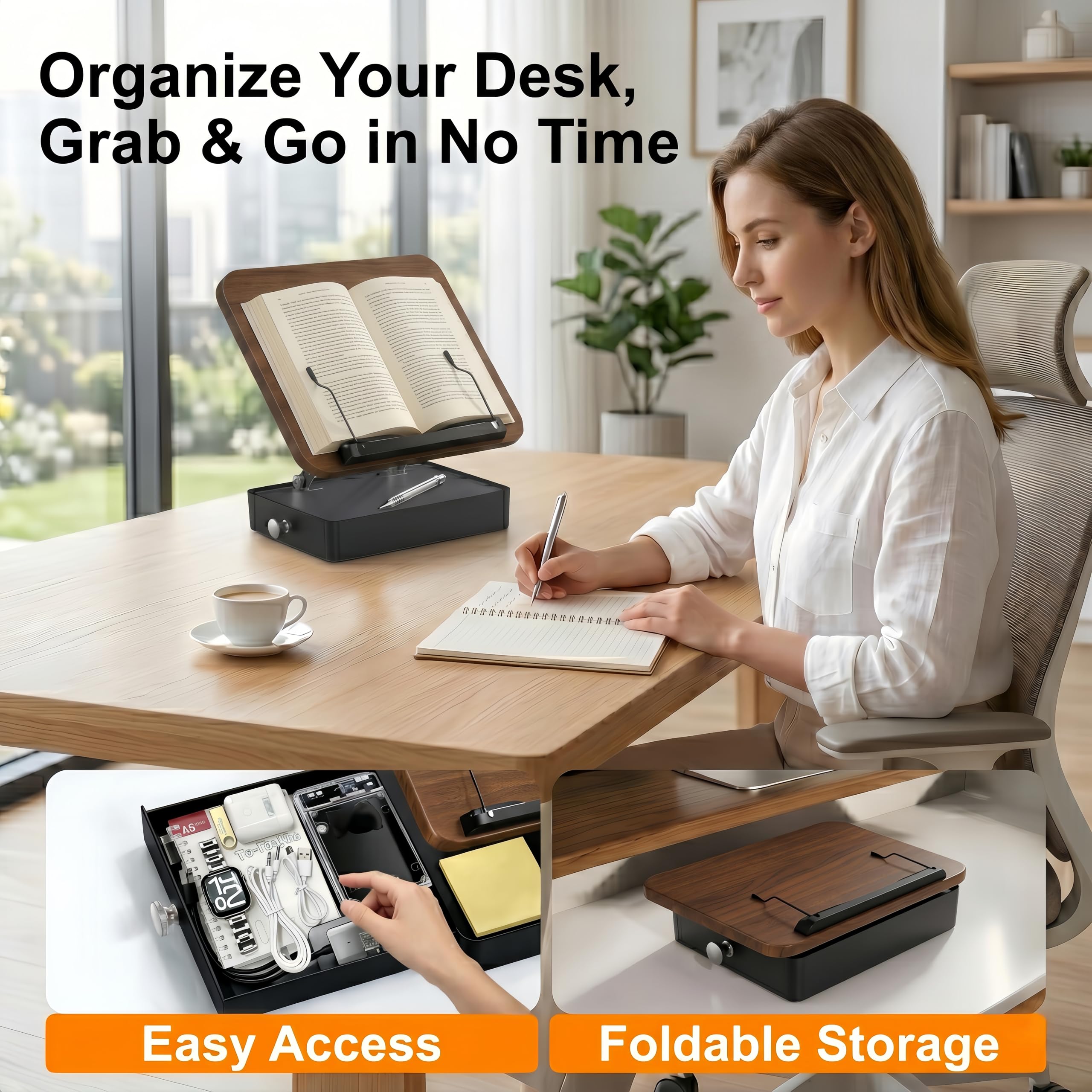 Leggio per libri con contenitore, supporto da lettura in legno per scrivania, ergonomico regolabile in altezza e angolo, supporto per libri di testo, libri di cucina, documenti (finitura noce
