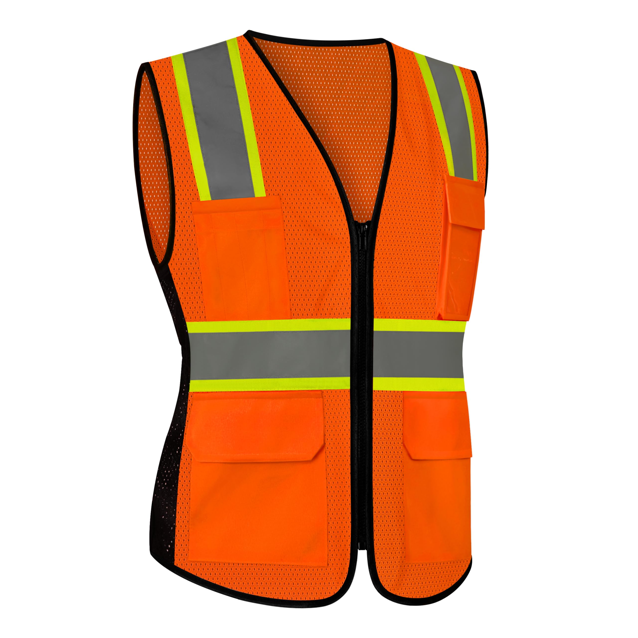 LIZMOF Orange Safety Vest for Women, High Visibility Reflective Vest, Neon Hi Vis Work Apparel with Pockets and Zipper, Durable, ANSI Compliant,