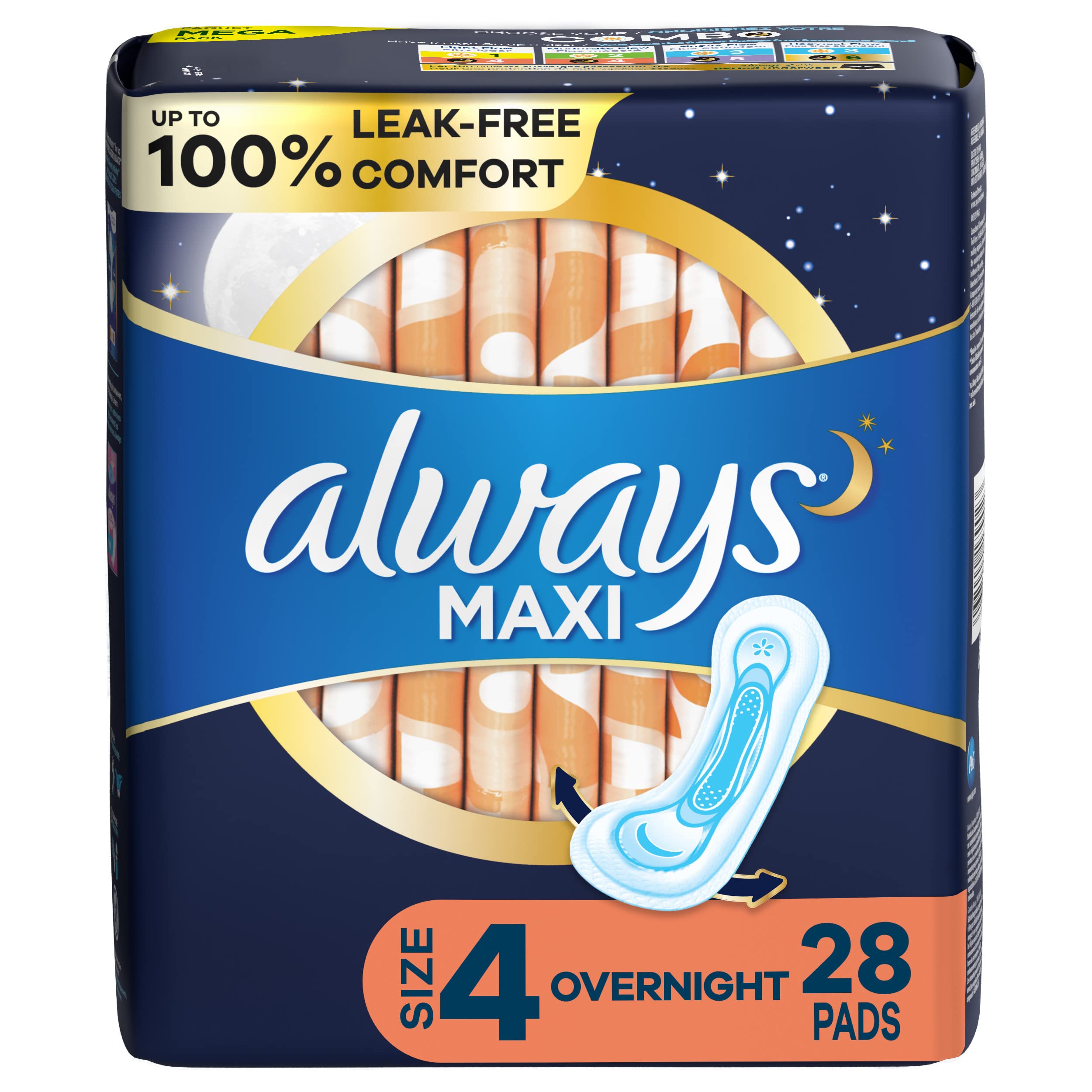 Maxi Size 4 Feminine Pads without Wings, Overnight Absorbency, Unscented, 28 Count