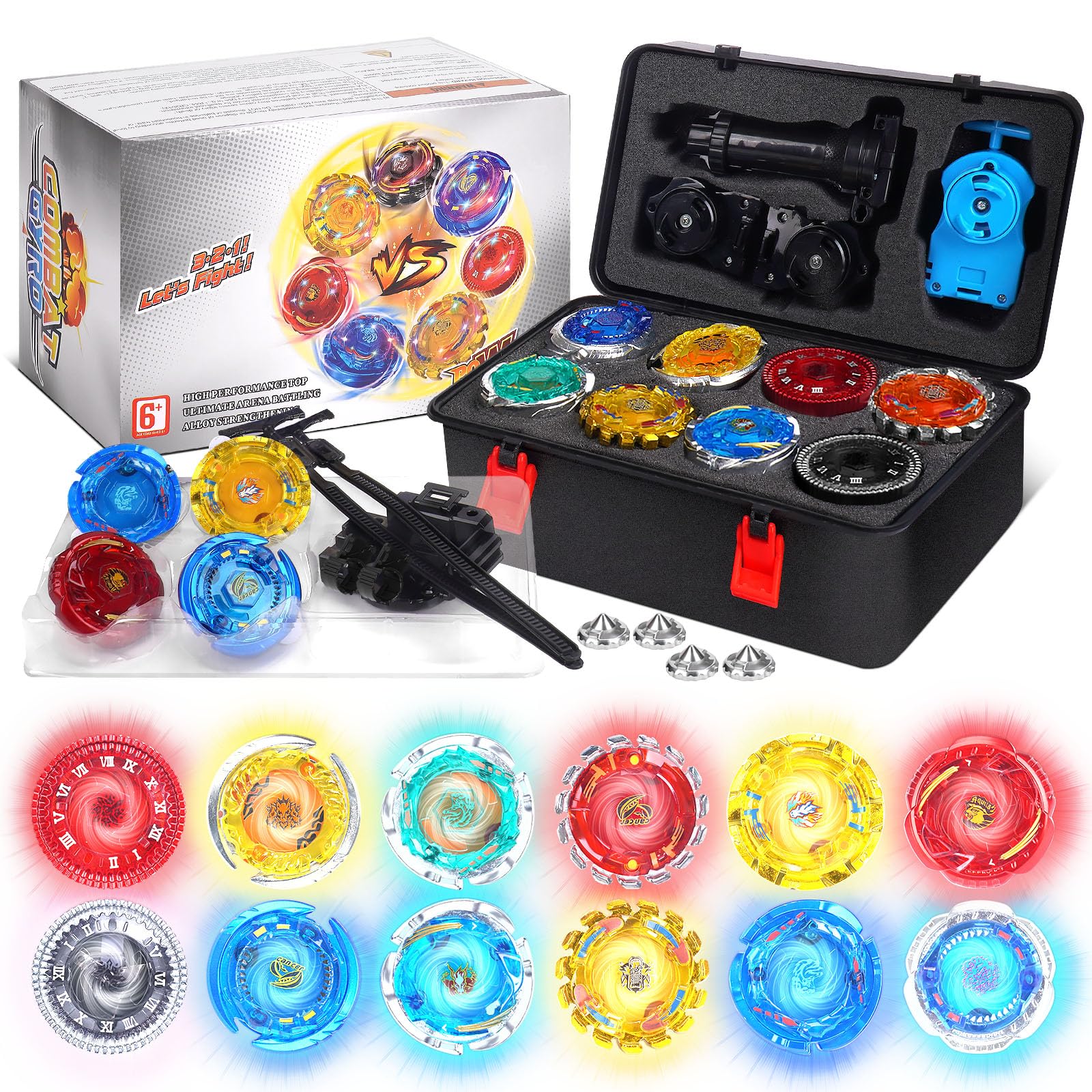 Juego de batalla con caja portátil, 12 tapas giratorias de encendido ligero, 2 lanzadores y 1 cincha, tipo fusión de metal, regalo de cumpleaños para niños de más de 6 años