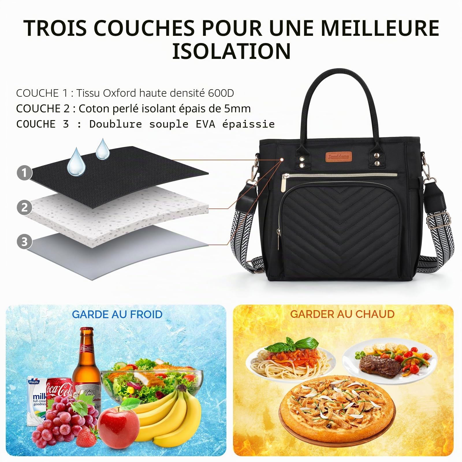 Jomddems grand sac à déjeuner isotherme portable et réutilisable pour femme au travail boîte à pique-nique pour homme