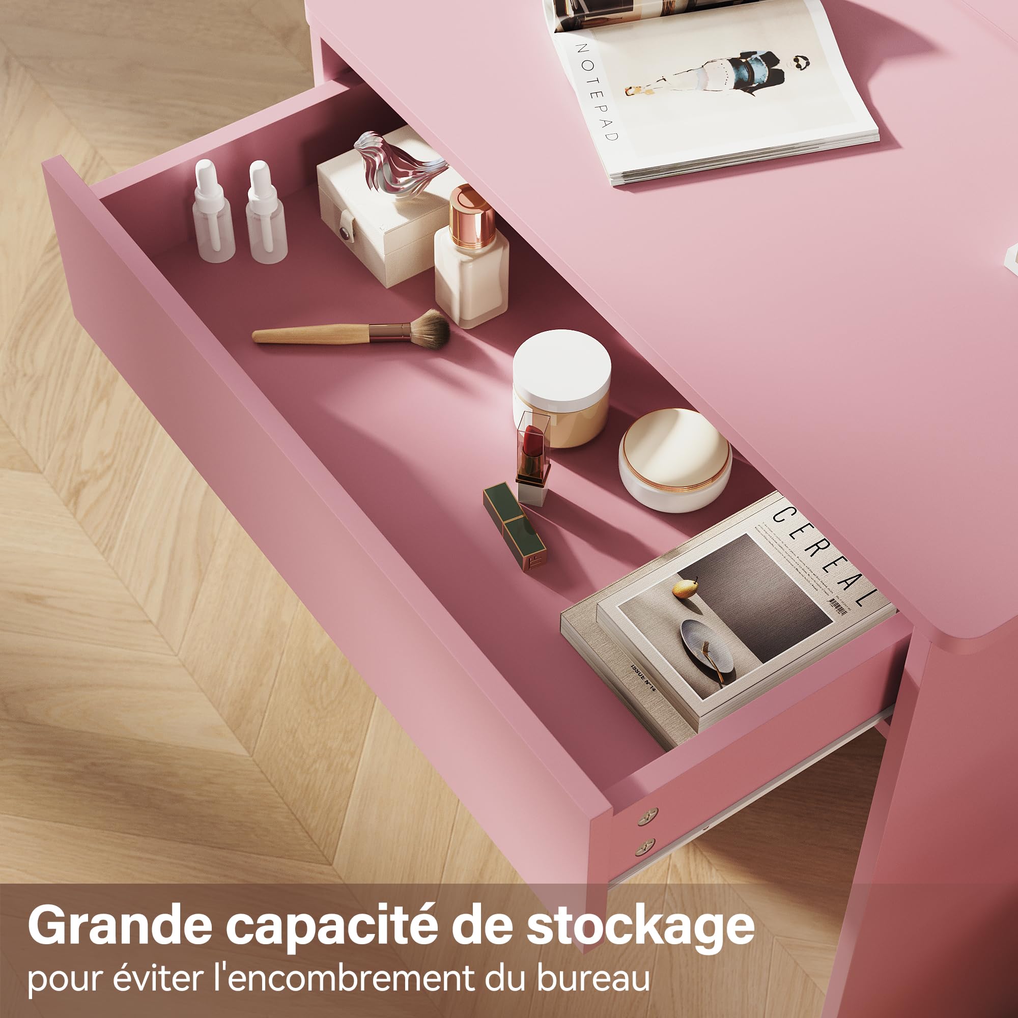 SIRHONA Tavolo da trucco con specchio a LED con luminosità regolabile, con specchio, 1 cassetti e 2 ripiani, stile moderno, rosa