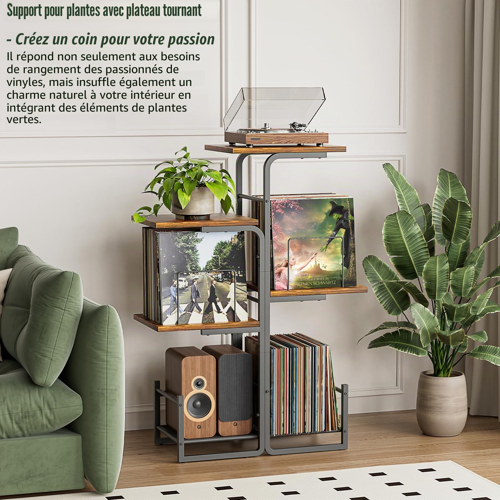 Bikoney Meuble Tourne-Disque Style Vintage avec Grand Rangement Vinyles, Support Platine Vinyle Inspiré Jardinière, Étagère LP et Présentoir Albums pour Salon, Chambre et Petits Espaces