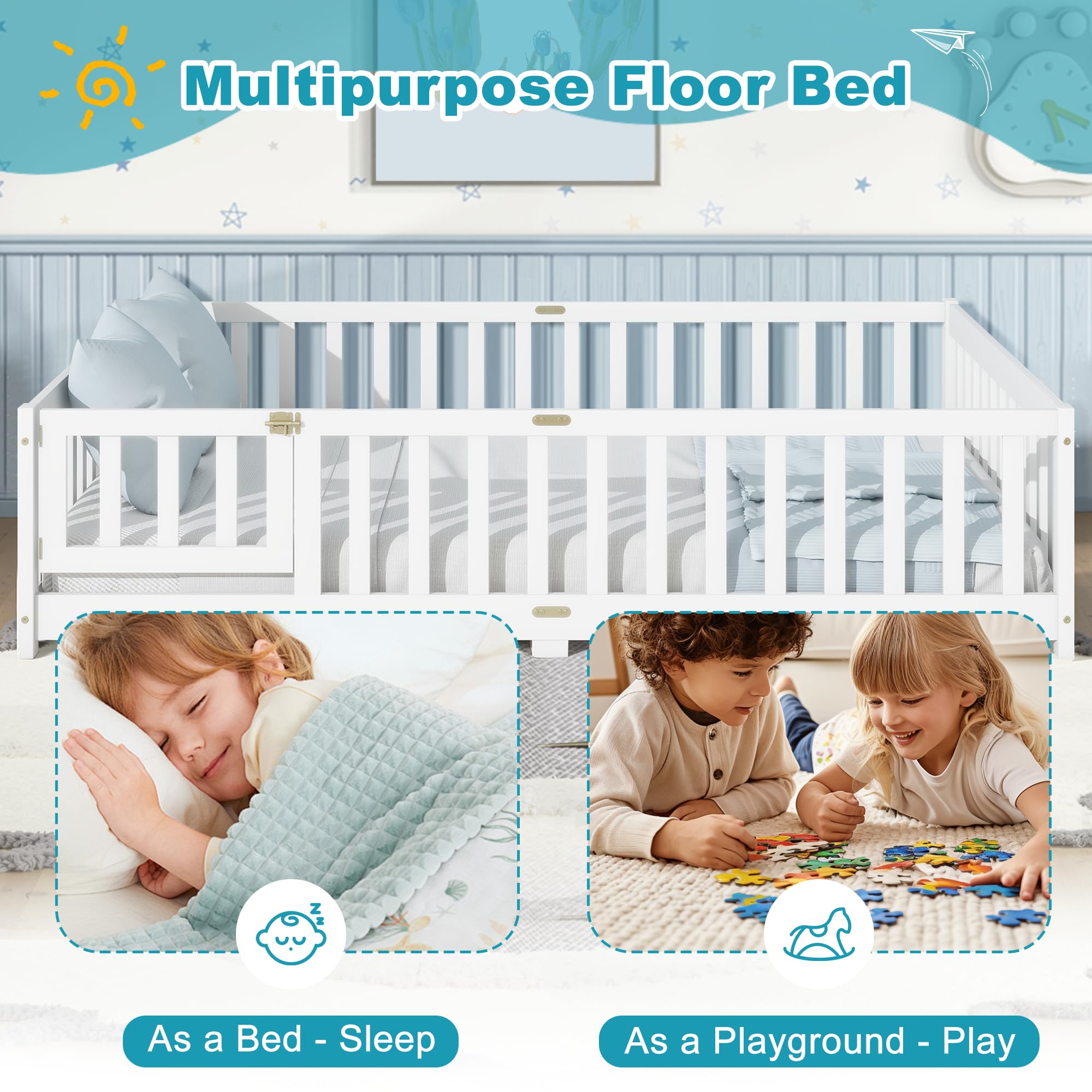 Lyngins Full Size Floor Bed, Toddler Floor Bed Frame with High Guardrails, Solid Wood Montessori Beds Full with Support Slats, Fence and Door for Kids, Boys or Girls - White