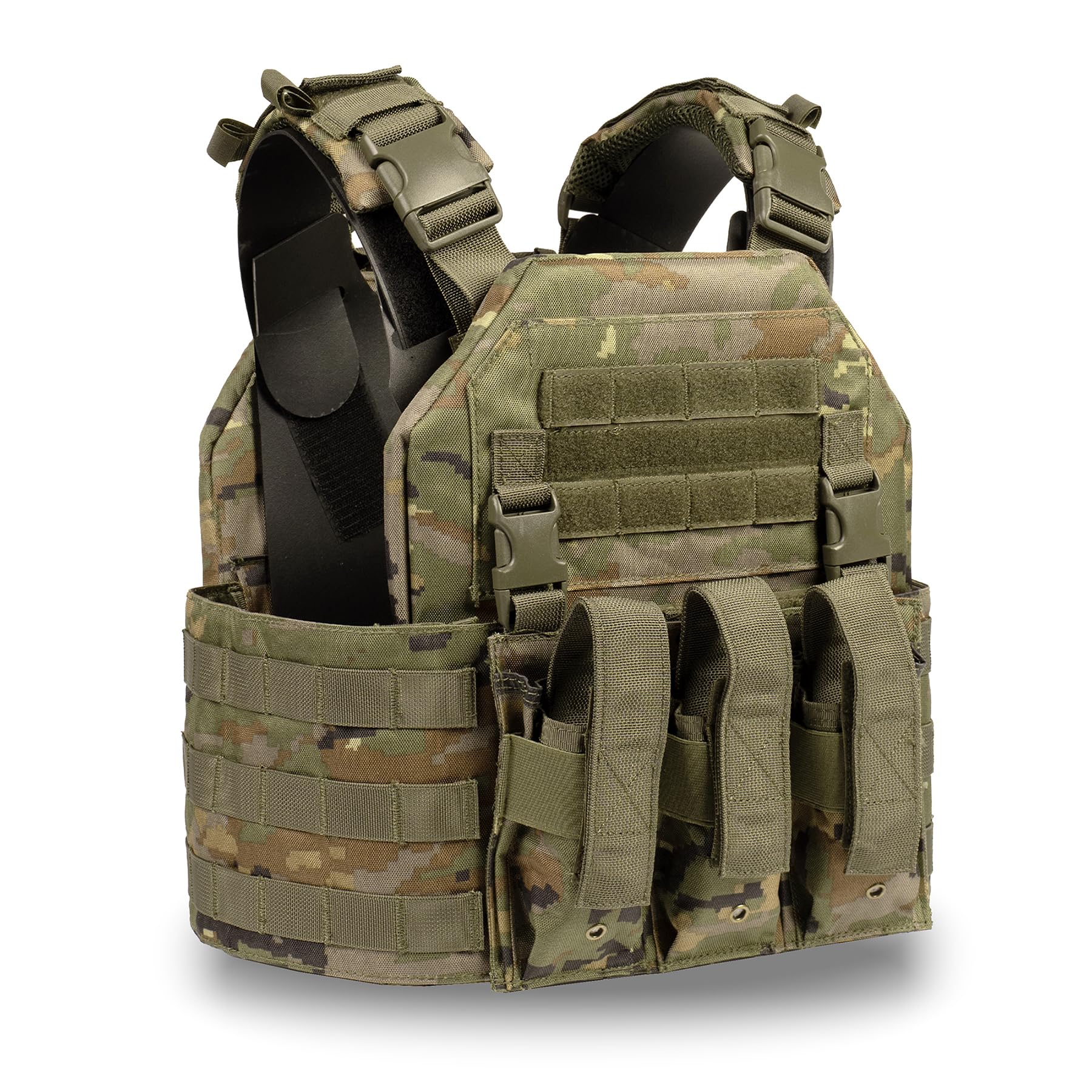 Genérico SIXMM Chaleco Táctico Portaplacas 036M-SW Camuflaje boscoso pixelado español, tamaño ajustable, porta cargador triple frontal y sistema molle modular