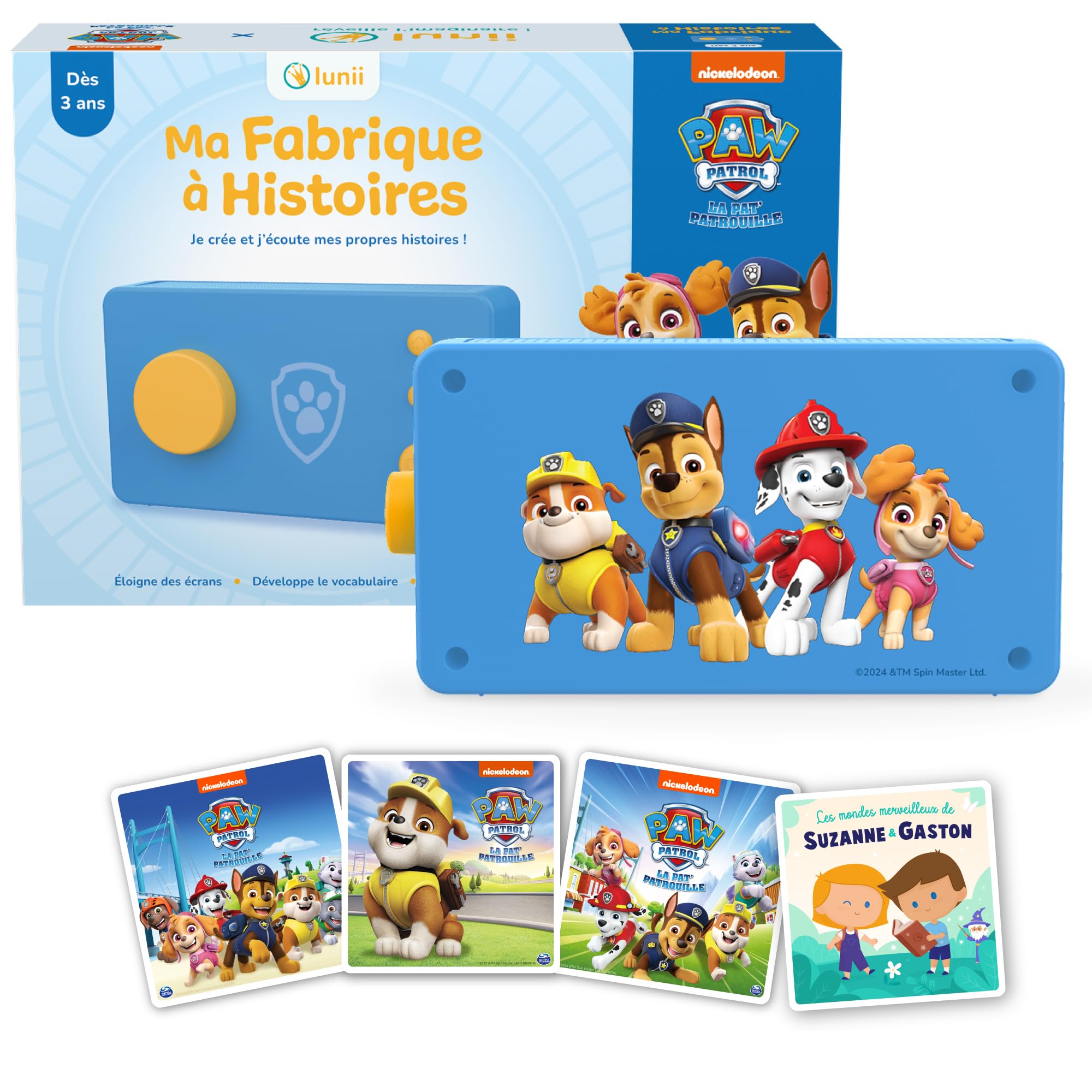 Lunii - Pack Exclusivo de Mi fábrica con Historias de la Patrulla Canina: Caja de Historias edición Limitada + 4 Libros de Audio: investigaciones + Rescate de Animales + rubíes + Suzanne & Gaston