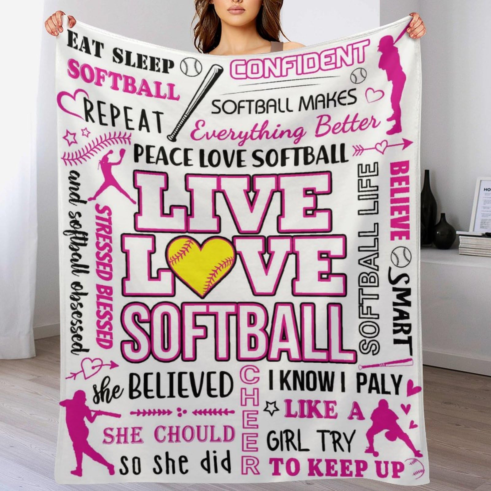 HOMNY Ultra Soft Flannel Softball Throw Blanket - Gifts for Girls, Women & Kids - 50