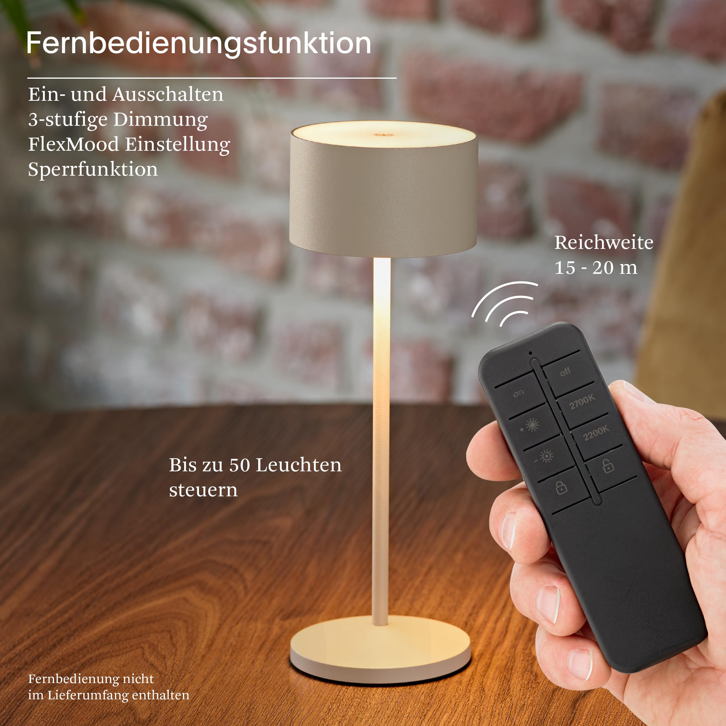 SIGOR Veluna Remote dünenbeige - LED Akku-Tischlampe dimmbar & kabellos mit Fernbedienungsfunktion, FlexMood (2200K/2700K), bis 14h Leuchtdauer, USB-C Ladefunktion, IP44 Outdoor & Indoor