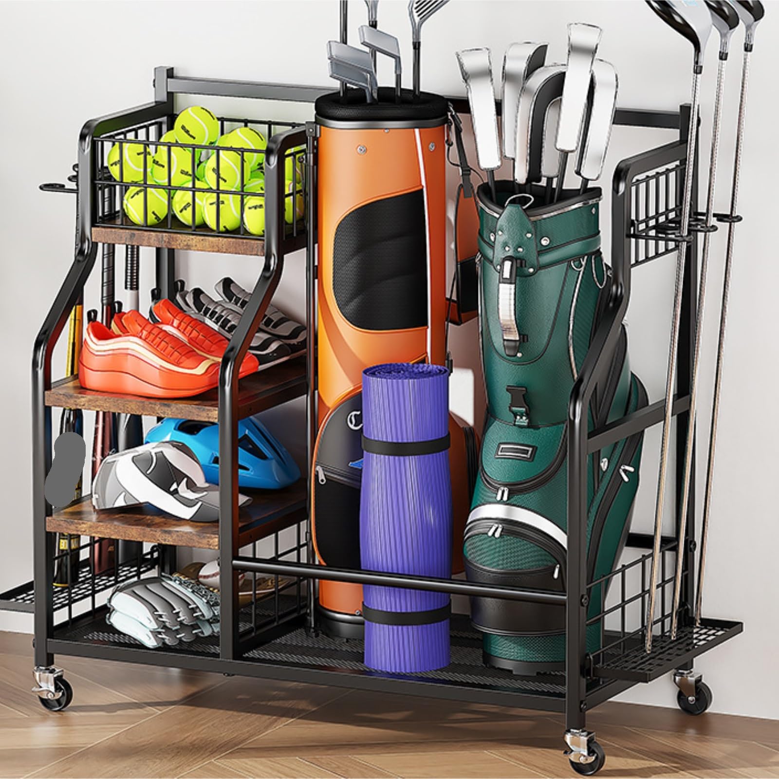 Golfschläger Ständer Golftaschen-Aufbewahrungsorganisator Aus Holz, Golftaschenständer Und Ausrüstung, Garagenständer, Golfmöbel Mit Korb Golfschlägerständer Für Garage