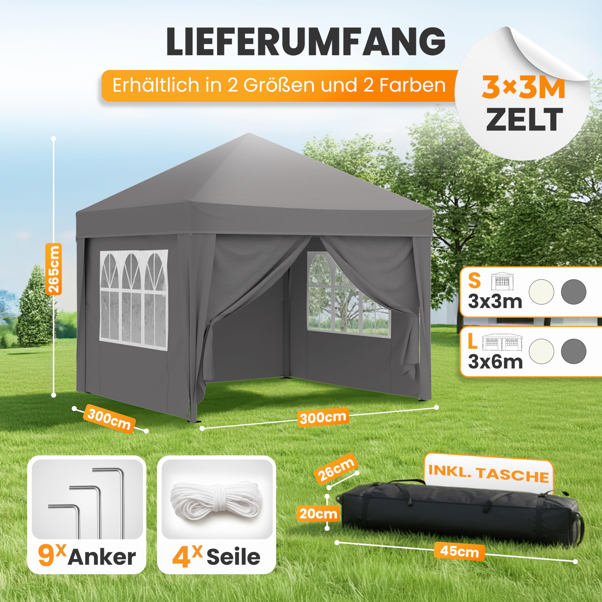 NATURIZ® Pavillon 3x3 Wasserdicht Stabil Hochwertig mit UV 50+ Schutz - Faltpavillon mit Seitenwänden - Pop Up Zelt für Garten, Camping, Märkte - Gartenpavillon (Grau, 3x3m)