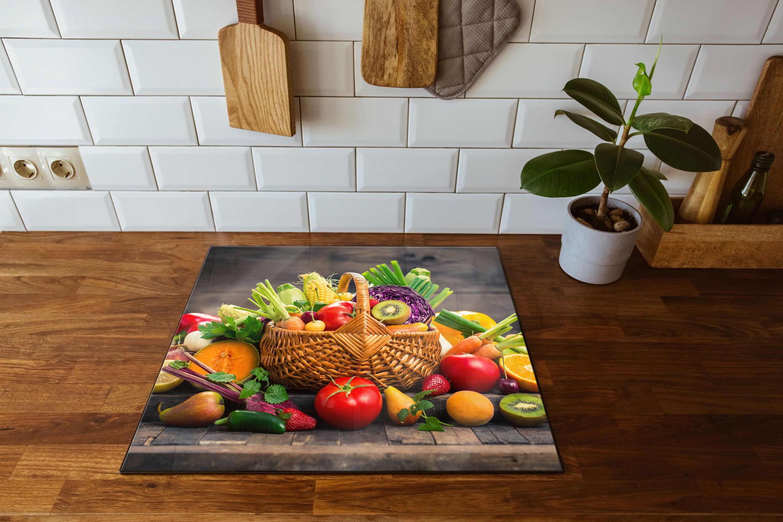 Frisches Obst und Gemüse im Korb Herdabdeckplatte & Spritzschutz aus Echtglas | Für Herd-Kochfelder | 60x52 cm
