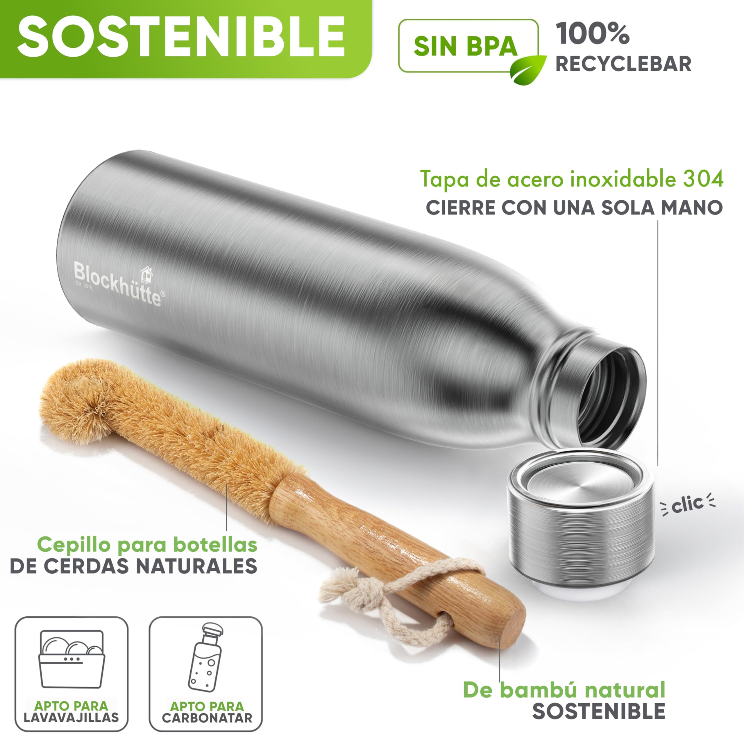 Blockhütte Personalizada Botella Agua Acero Inoxidable 750ml I Termo Agua Fria para 25h Bebidas Frias I Garrafa Termica a Prova de Fugas I Water Bottle para hacer Deporte y Oficina, sin BPA