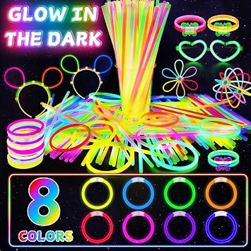 SHQDD 100 Glow Sticks Bulk Party Pack, 8 Neon Glow Sticks, DIY Glowsticks with Connectors Bracelets & Necklaces, Glow in the Dark Party Supplies for Kids, Adults, Parties, 4th of July & Halloween
