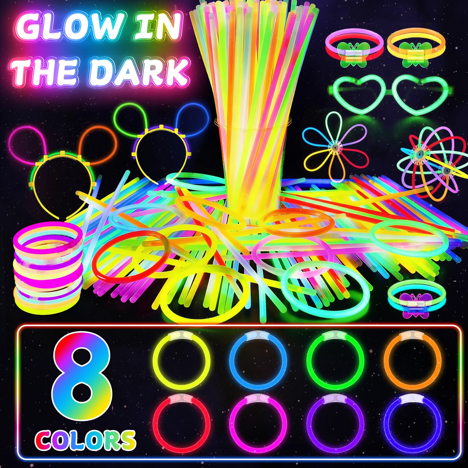SHQDD Confezione da 500 bastoncini luminosi al neon da 20,3 cm, per fai da te, con connettori, braccialetti e collane, forniture per feste per bambini, adulti, feste, Halloween e Capodanno