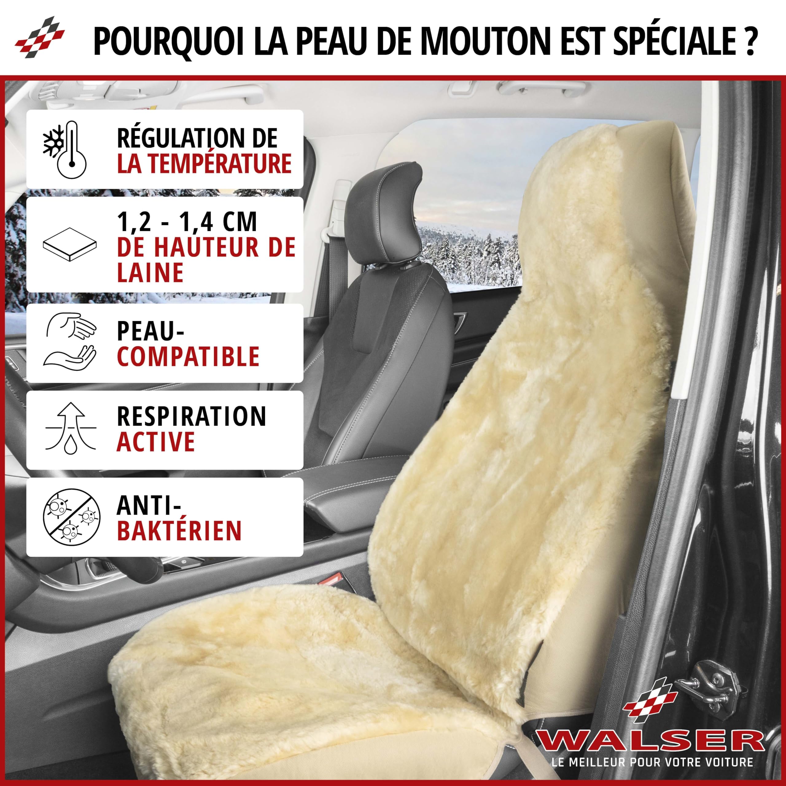 Walser Housse de siège Auto en Peau d'agneau Zoya, 100% Peau de Mouton Housse de siège pour Voiture, 1 pièce de Fourrure d'agneau Housses de sièges Avant de Voiture Beige
