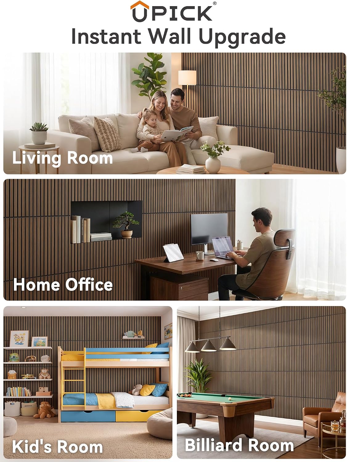 Upick Acoustic Wood Slat Wall Panels 24" x 12" Dark Walnut for Interior Decor - Sound Absorbing Accent Wall, Easy DIY Install, 6 Pack