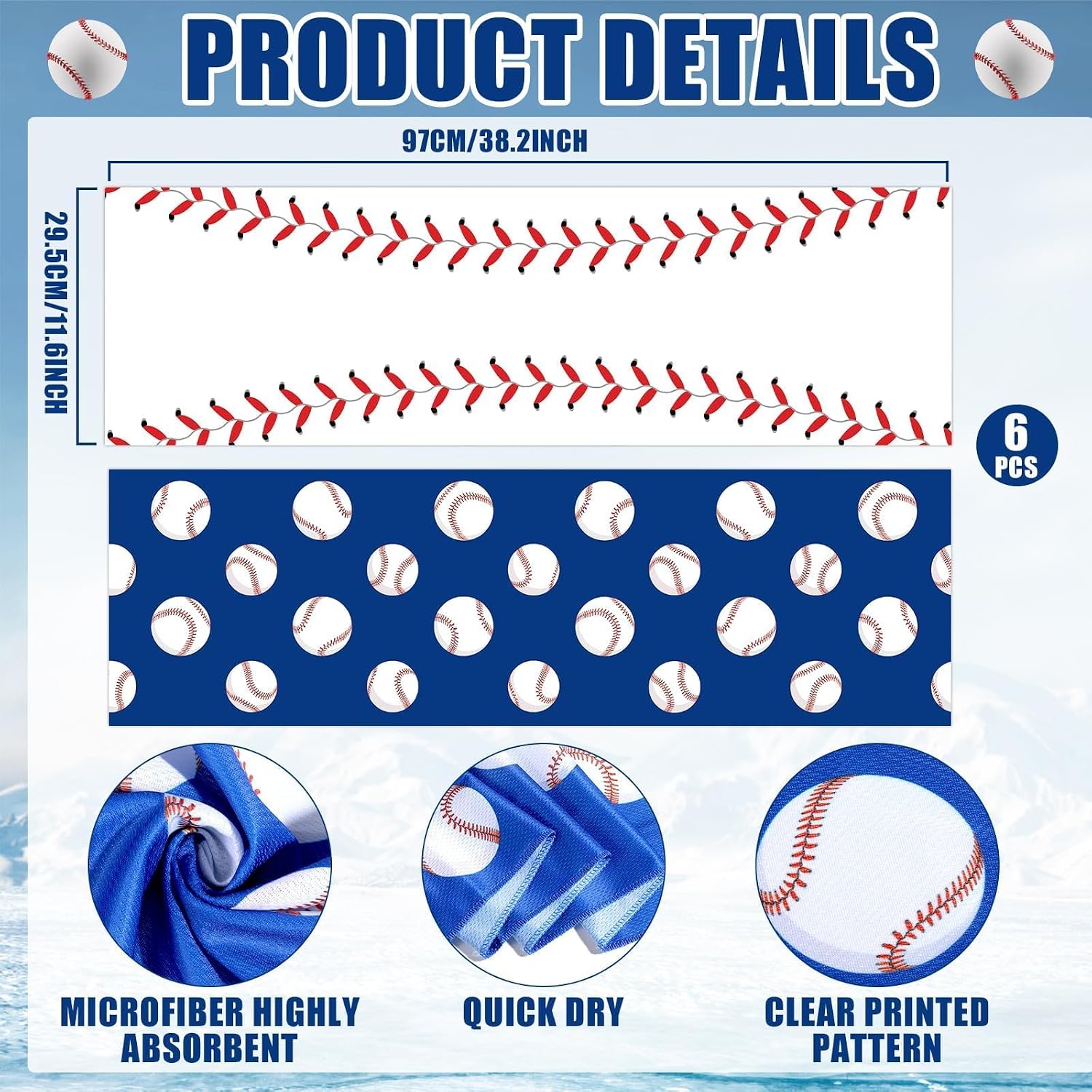 Lonfliness 6Pcs Baseball Cooling Towels with Bags 38x12 Inch Breathable Baseball Microfiber Ice Towel Fast Drying Workout Rags Bulk Sport Team Gift for Team Gym Running Coach Sport Party Favors