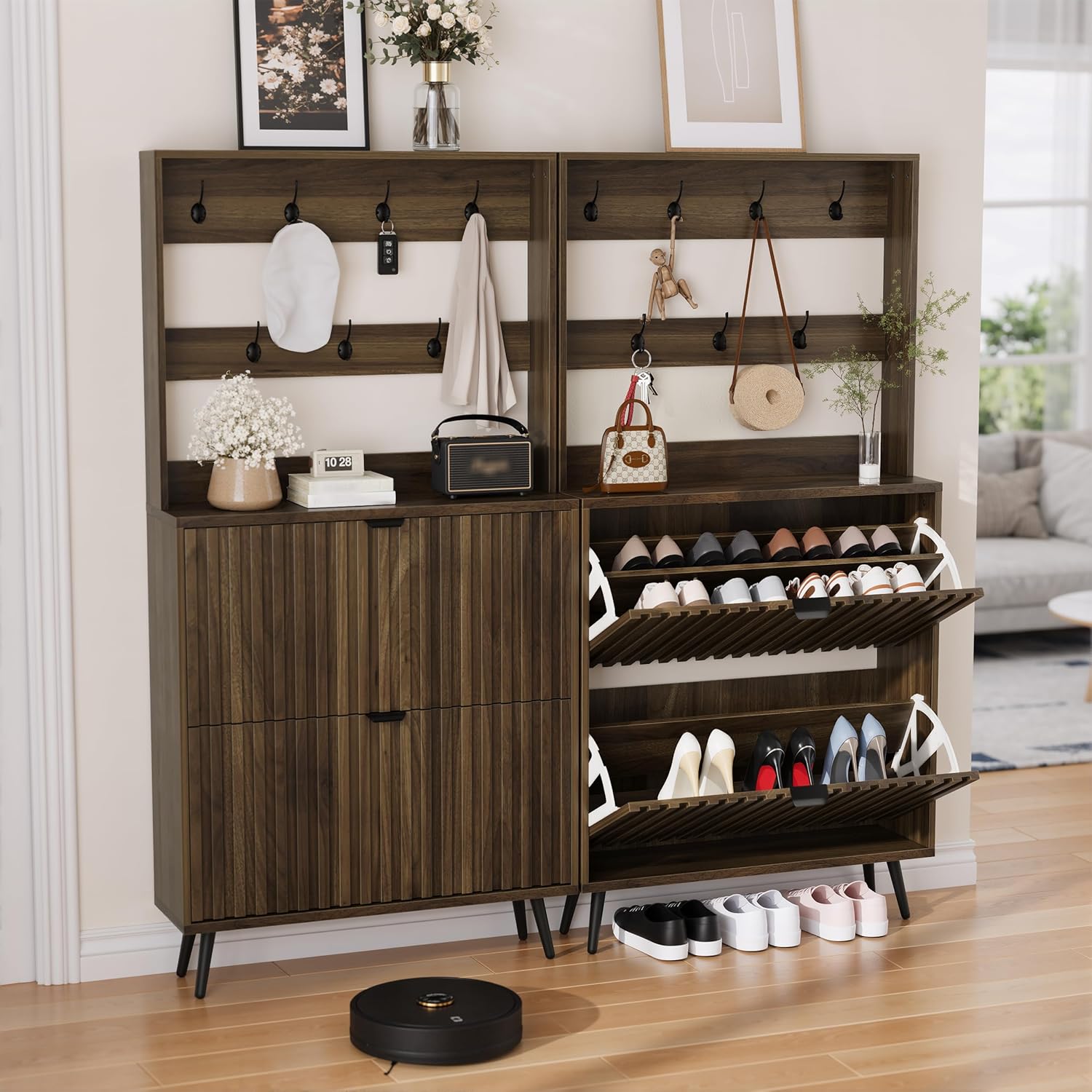 Smuxee Shoe Cabinet with 2 Flip Drawers & Coat Rack Hooks, 31.5" Walnut Hidden Shoe Storage Cabinet, 2-in-1 Hall Tree Slim Freestanding Shoe Rack Organizer for Entryway, Hallway, Living Room