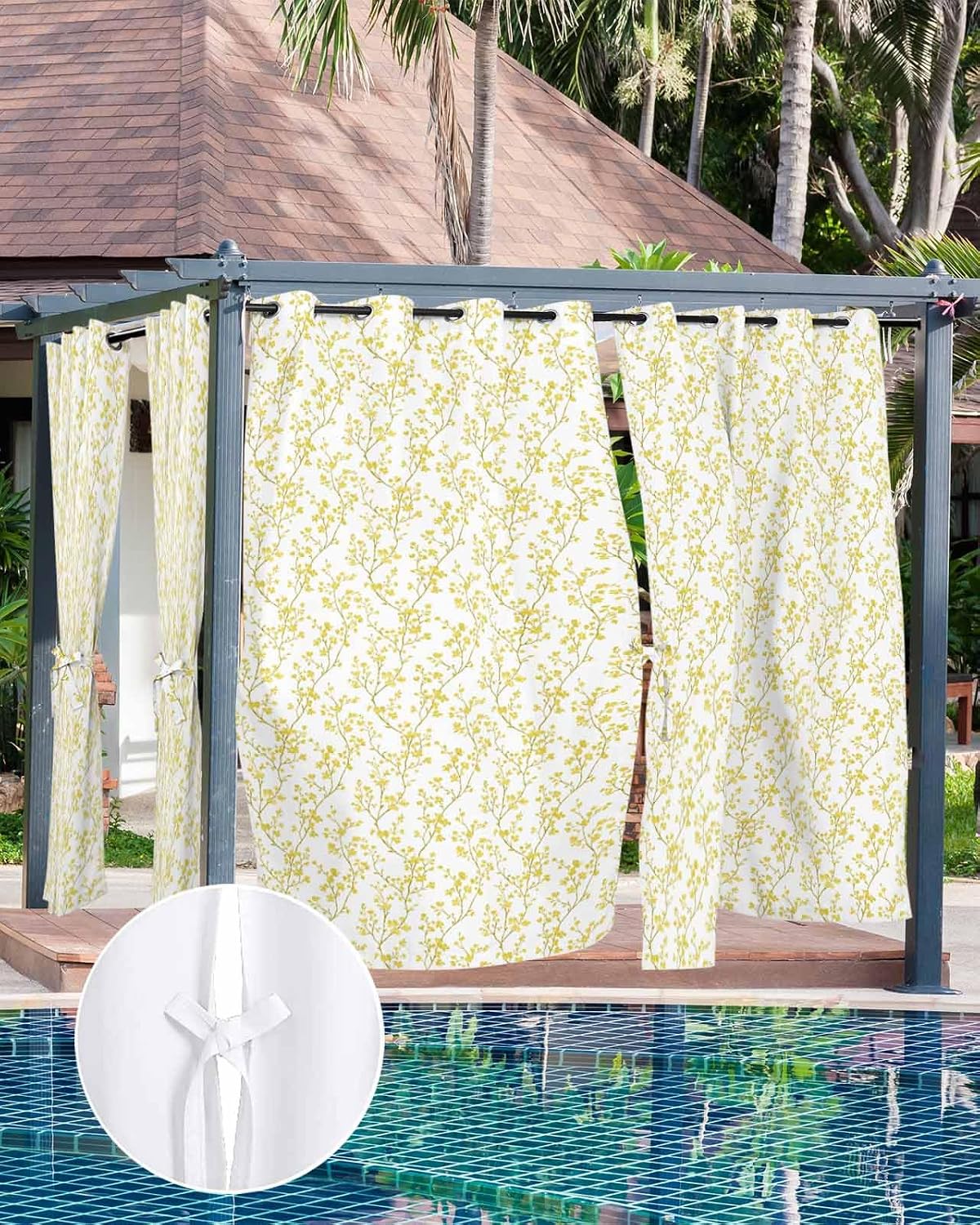 Outdoor Curtains for Patio Waterproof Yellow Flower Grommet Outside Curtains for Porch Floral Tree Branch Sun Blocking Outside Privacy Drapes for Gazebo Pergola 54"x84" 1 Panel