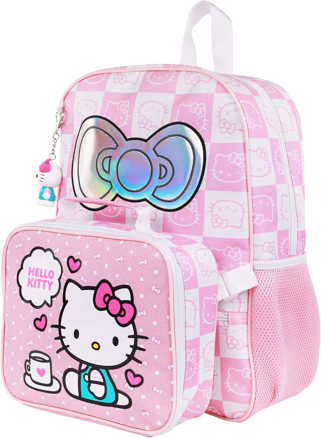 Sanrio Hello Kitty All-Over Print Backpack with Detachable Lunchbox and 3D Charm, White/Pink, 17H X 12W X 5D