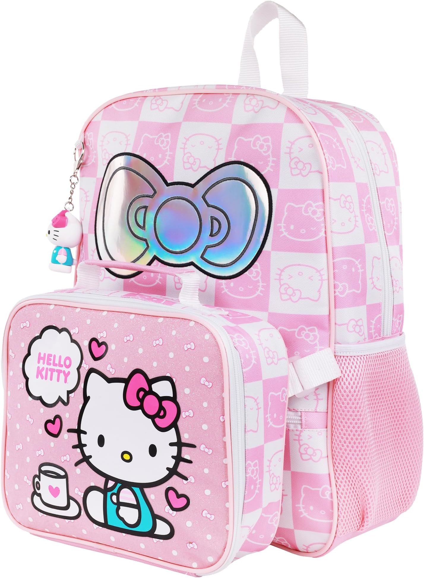 Hello Kitty All-Over Print Backpack with Detachable Lunchbox and 3D Charm, White/Pink, 17H X 12W X 5D