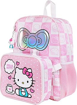 Sanrio Hello Kitty All-Over Print Backpack with Detachable Lunchbox and 3D Charm, White/Pink, 17H X 12W X 5D