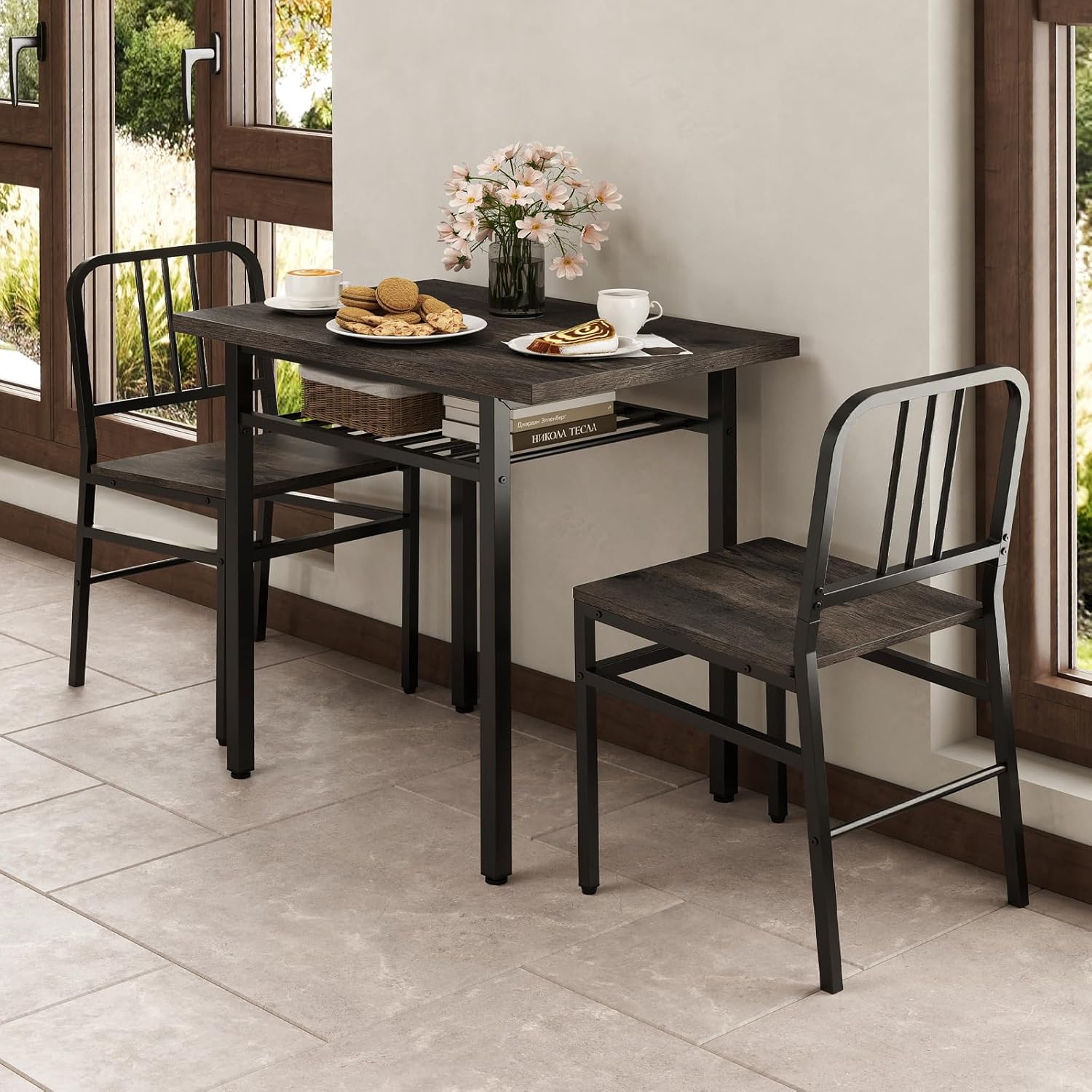 GOFLAME 3-Piece Dining Table Set for 2, Wooden Rectangular Kitchen Table and 2 Chairs with Storage Rack and Metal Frame, Space-Saving Dinette Set for Dining Room, Apartment, Small Space, Grey